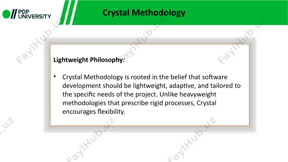 nd responsibilities in crystal methodology chief programmer (cp): the cp is the technical lead. they make critical design decisions, enforce coding standards, and mentor other developers. their deep technical expertise guides the team. example: in a web development project, the cp might choose the technology stack, establish coding conventions, and review code. quality assurance (qa) specialist: the qa specialist ensures that the software meets quality standards. they create test plans, execute test cases, and report defects. roles and responsibilities in crystal methodology example: during a software release, the qa specialist verifies that all features work as expected and that no critical bugs exist. user interface (ui) designer: the ui designer focuses on the user experience. they create wireframes, mock-ups, and visual designs. example: in an e-commerce platform, the ui designer crafts intuitive interfaces for product listings and checkout processes. database administrator (dba): the dba manages the database system. they optimize …