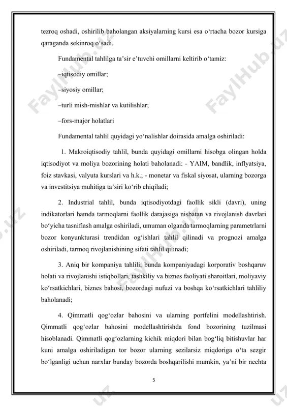 a erishish mumkin. keng bozorda esa yirik bitishuvlar ham undagi narxlarga unchalik taʼsir koʻrsatmaydi, chunki bunday bitishuvlar har kuni amalga oshiriladi. taʼkidlash joizki, fundamental tahlil usulidan 1974 yilga kelib benjamin grexem va djeyms ri voz kechib, yangicha yondashuvni 159 ishlab chiqqanlar. 43 ularning fikricha, fond bozori samarali boʻlganligi sababli, noeffektiv qismlari kamayib bormoqda, bu esa oʻz navbatida aniqlanishi mumkin boʻlgan baʼzi samarasiz kompaniyalar aksiyalari bilan bogʻliq. shu maqsadda ular bunday kompaniyalarni aniqlash uchun maʼlum mezonlar toʻplamini taklif qildilar. grexem-ri yondashuvini texnik tarzda qoʻllash mumkin, chunki kompaniyaning joriy moliyaviy holatini formal tekshirish va moliyaviy hisobotlaridan olingan baʼzi koʻrsatkichlarni kompaniyaning aksiyalarini joriy kursi va daromadliligini obligatsiyalarning aaa reytingi bilan solishtirishdan iborat. 3. moliya bozori texnik tahlili texnik tahlil – bu fond bozori holatini oʻrganishga qaratilgan tahlildir. texnik tahlil oʻtgan savdo narxlarini oʻrganish maqsadida, ularning kelajakdagi ehtimoliy rivojlanish yoʻnalishlarini aniqlashdan iborat. joriy narxlar dinamikasi oʻtgan savdo narxlari dinamikasi bilan solishtiriladi va shu orqali …