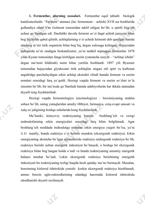 in energiyaning aksincha bo`lgan qiymatlarida reaktsiya endergonik reaktsiya bo`lib, reaktsiya borishi uchun energetik imkoniyat bo`lmaydi, u boshqa bir ekzergonik reaktsiya bilan bog`langan holda o`tadi va bunda reaktsiyaning umumiy energetik balansi musbat bo`ladi. lekin ekzergonik reaktsiya borishining energetik imkoniyati bu reaktsiyaning tezligi haqida hech qanday ma’no bermaydi. masalan, benzinning kislorod ishtirokida yonishi keskin ekzergonik reaktsiya hisoblanadi, ammo benzin uglevodorodlarining odatdagi haroratda kislorod ishtirokida oksidlanishi deyarli sezilmaydi. fermentlar faollanish energiyasini pasaytirish bilan ximiyaviy reaktsiyalarni tezlatadilar. kataliz haqidagi tushunchalarga binoan, molekulalar reaktsiyaga kirishish oldidan “faollashgan holat” deb ataluvchi konfigurasiya davrini o`tishi lozim. bunday holatda molekulalar normal sharoitdagiga nisbatan ortiqroq energiyaga ega bo`ladi. bu energiya faollanish energiyasi deb atalib, ximiyaviy reaktsiya sur’atini aniqlovchi asosiy omildir. reaktsiyaning faollanish energiyasi qancha yuksak bo`lsa, uning sur’ati ham shuncha sekin va aksincha, faollanish energiyasi qanchalik kam bo`lsa, reaktsiya ham shu qadar tez boradi. faollanish energiyasi molekulalarning yaqinlashishi va reaktsiyaga kirisuviga to`sqinlik qilib turadigan kuchlar (energetik to`siq) ni engish …