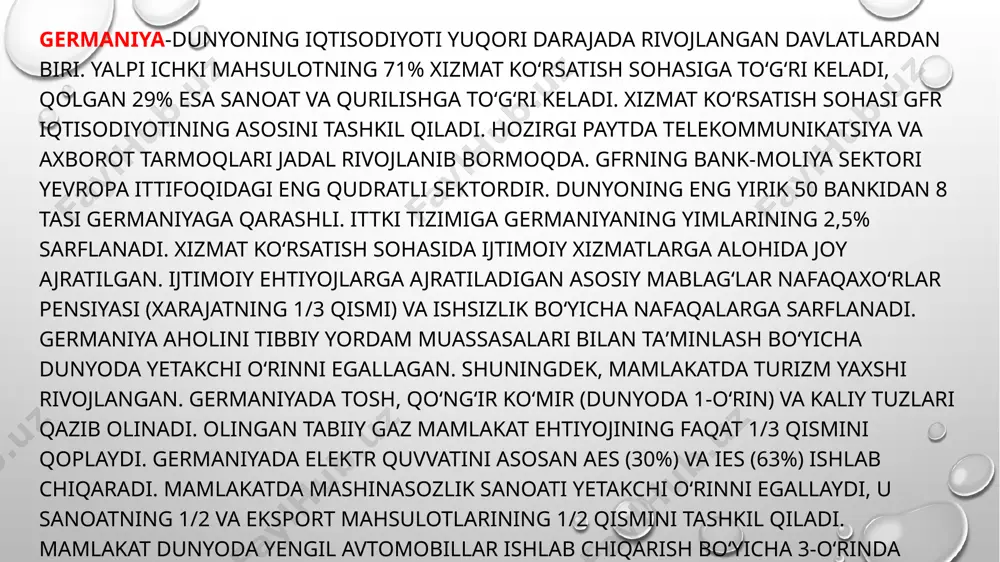 orlarida yirik o'yinchi hisoblanadi. germaniya fond bozori frankfurt stock exchange orqali tashkil etilgan, bu bozor yevropadagi eng yirik fond bozorlaridan biri hisoblanadi. dax-30 indeksi: germaniya kompaniyalarining eng yirik 30 tasini o'z ichiga olgan indeks. dax indeksi 2024-yil boshida 16,000 nuqtadan yuqori bo'lib, yuqori darajadagi o'sish ko'rsatmoqda. germaniyada investitsiyalar: to'g'ridan-to'g'ri xorijiy investitsiyalar (fdi): germaniya 2023-yilda 30 milliard yevrodan ortiq to'g'ridan-to'g'ri xorijiy investitsiyalar jalb qilgan. bu o'sish asosan sanoat va texnologiyalarga bo'lgan investitsiyalarning ortishi bilan bog'liq. investitsiya sohalari: yangi texnologiyalar: germaniya sun'iy intellekt, avtomobil sanoati va energetika sohalariga katta investitsiyalar jalb qilmoqda. sanoat: avtomobil sanoati (volkswagen, bmw, daimler) va boshqa sanoat tarmoqlariga to'g'ridan-to'g'ri investitsiyalar kelmoqda. yashil energiya: germaniya 2024-yilgi energiya inqilobini qo'llab-quvvatlash uchun 25 milliard yevrodan ortiq investitsiya jalb etishga maqsad qilgan. kichik va o'rta bizneslar (sme): germaniya kichik va o'rta bizneslar uchun xalqaro va ichki investitsiyalarni qo'llab-quvvatlaydi. germaniyada o'rta darajadagi iqtisodiyotni qo'llab-quvvatlash uchun 2024-yilda davlat tomonidan 10 milliard yevrodan ortiq ajratilgan. …