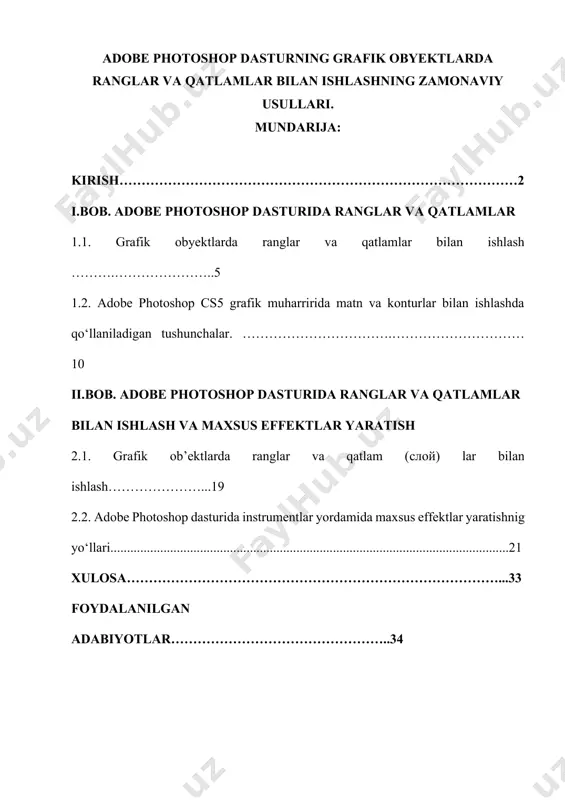 afika sohasidagi o'sish: raqamli grafikaning tez o'sishi va grafik dizaynerning ish yuritish muhitida adobe photoshop kabi dasturlarning markaziy o'rni kurs ishining muhimligini ta'kidlaydi. zamonaviy dizayn talablari: reklama, veb-dizayn, o'yinlar ishlab chiqarish va boshqa ko'plab sohalarda sifatli vizual kontentning talab darajasining oshishi adobe photoshop bilan ishlash ko'nikmalarini rivojlantirish zaruratini oshiradi. kasbiy mahorat va ijodiyot: adobe photoshop dasturi dizaynerlarga cheksiz ijodiy imkoniyatlar taklif etadi. ushbu dasturdagi ranglar va qatlamlar bilan ishlash usullari kasb etikasini, ijodkorlikni va mahsulot sifatini oshirishning asosiy vositalaridan biridir. ish jarayonini optimallashtirish: zamonaviy texnologiyalardan foydalanish ish jarayonini yanada samarali va tezroq qilishga imkon beradi. shuning uchun, adobe photoshop dasturida ranglar va qatlamlar bilan ishlashning eng yangi usullarini o'rganish zarurdir. bozor talablari: bozorda raqobatbardosh bo'lish uchun grafik dizayn sohasidagi mutaxassislarning zamonaviy vositalar va texnikalarni bilishi talab etiladi. adobe photoshop dasturida qatlamlar va ranglar bilan ishlashning yangi usullari shu jumladandir. ta'lim va o'qitish metodlari: o'quv muassasalarida taqdim etiladigan ta'lim sifatini oshirish …