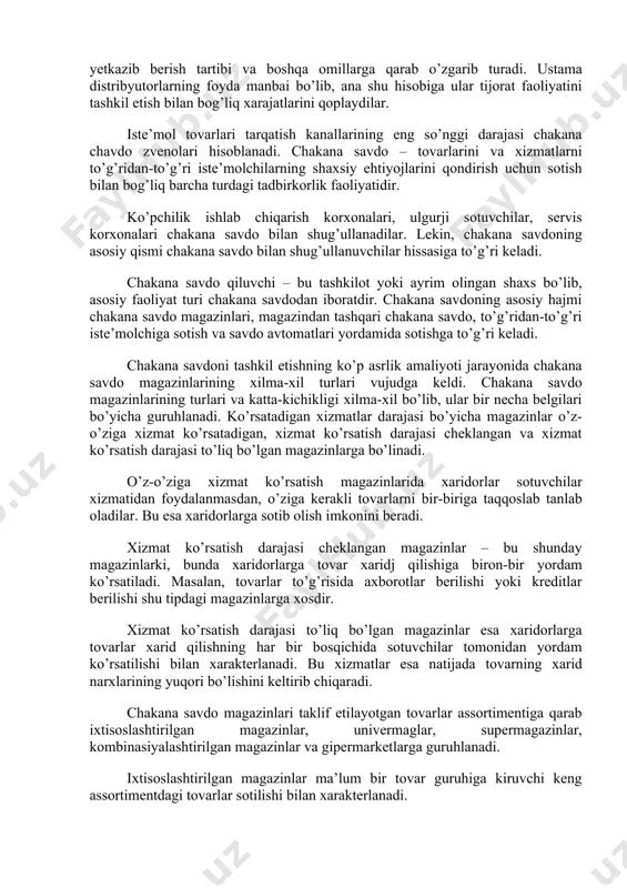 lga oshiradi. u sotilayotgan tovarga egalik qilish huquqiga ega emas va bitimlar tuzishni tashkil etganligi uchun ma’lum haq oladi. agentlarning bir necha tiplari mavjud. masalan, tovar ishlab chiqaruvchilar agenti, bir necha ishlab chiqaruvchilarning manfaatini ko’zlab ish olib boradi. sotuvchi agentlar esa kelishuv shartiga binoan ishlab chiqaruvchi tomonidan berilgan tovarlarni sotish bilan shug’illanadi. xuddi shuningdek xarid bilan shug’ullanuvchi agentlar xaridorlar bilan uzoq muddatli bitimlarga ega bo’lib, shu asosda xarid bilan bog’liq masalalar bilan shug’ullanadilar. diler – tovarlar, qimmatli qog’ozlar, valyutalar oldi-sotdi savdo bitimlaridagi vositachilardir. diler – tovar yoki fond birjasi a’zosi bo’lib, o’z nomidan va o’z hisobidan ish yuritadi. dilerlar o’zaro, brokerlar va to’g’ridanto’g’ri mijozlar bilan bitimlar tuzishlari mumkin. dilerlarning daromadlari tovarlar, qimmatli qog’ozlar va valyutalarning xarid va sotish narxlari orasidagi farq hisobiga hosil bo’ladi. dilerlar foyda olish maqsadida xarid qilish va sotish operasiyalarini bajarib, katta xavf-xatarni o’z zimmalariga oladilar. distribyutor – nisbatan katta hyech kimga bo’ysunmaydigan vositachilik firma hisoblanib, ishlab …