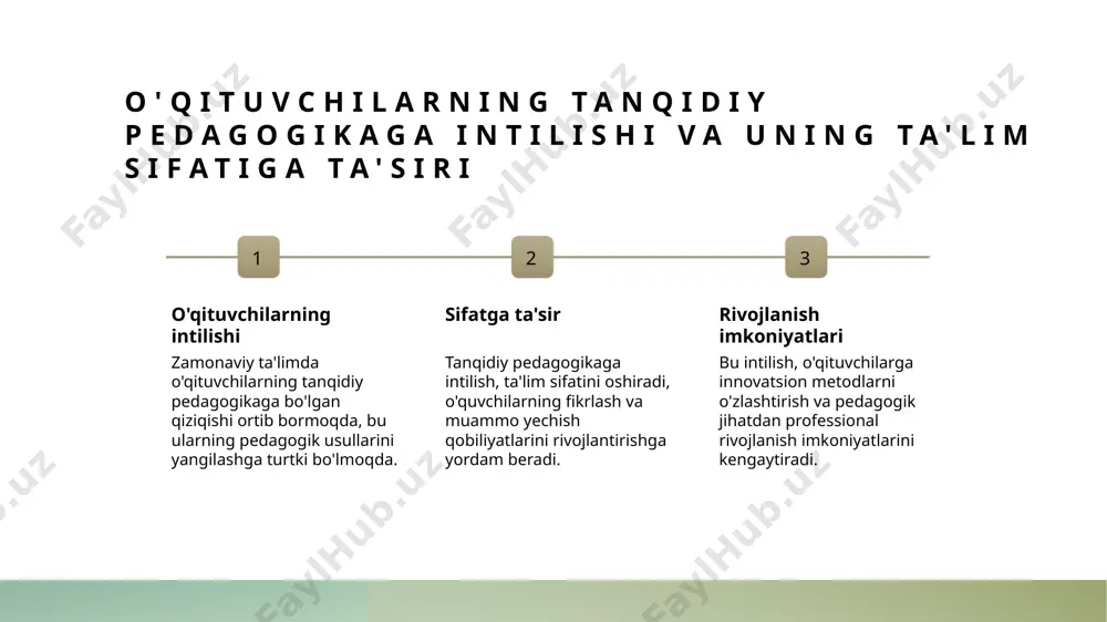 ovatsiyalar innovatsion metodlar texnologik yondashuvlar kreativ muhit talabalarning tanqidiy fikrlash qobiliyatlarini rivojlantirish uchun loyiha asosidagi o'qitish va interaktiv texnologiyalar keng qo'llaniladi, bu fikrlash jarayonini faollashtiradi. zamonaviy texnologiyalar, masalan, onlayn platformalar va simulyatsiyalar, fikrlashni kengaytiradi, muammo yechishda innovatsion fikrlashni rag'batlantiradi. erkin fikrlash uchun kreativ muhit yaratish, muammolarga yangi yondashuvlar va fikrlarni muhokama qilish imkoniyatlarini oshiradi, talabalarning mustaqil fikrlashini rivojlantiradi. zamonaviy texnologiyalar yordamida kreativ ta'lim muhitini yaratish 1 interaktiv texnologiyalar - zamonaviy ta'lim muhitini yaratishda interaktiv texnologiyalar muhim rol o'ynaydi. bu yordamida talabalar faol ishtirok etadi va yaratuvchanlik rivojlanadi. 2 virtual va ar/vr imkoniyatlari - virtual va kengaytirilgan haqiqat texnologiyalari ta'lim jarayonini yanada qiziqarli va amaliy holga keltiradi, real muhitga yaqin tajribalar taqdim etadi. 3 raqamli platformalar - onlayn platformalar va mobil ilovalar yordamida ta'lim resurslariga erkin kirish ta'minlanib, o'qitish jarayonini individual va moslashuvchan qiladi. o'zbekiston ta'limida kreativ yondashuvlarni joriy etish tajribalari innovatsion metodlar o'zbekiston ta'limida kreativ yondashuvlarni joriy etishda innovatsion pedagogik …