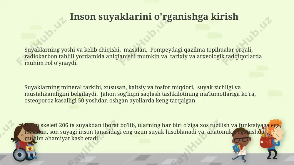 chligi pasayishi, 50 yoshdan oshgan ayollarning 40% da kuzatiladi, bu esa, andijon viloyati shifoxonalarida o'tkazilgan tadqiqotlar natijalariga ko'ra aniqlangan. suyaklarning tuzilishi va funksiyalari oyoq suyaklari, ayniqsa son suyagi (femur), inson tanasining eng uzun va eng kuchli suyagi hisoblanadi, ular 10 kg dan ortiq og'irlikni ko'tarishga qodir, bu insonning tik turishi va yurishini ta'minlaydi. inson skeleti taxminan 206 ta suyakdan iborat bo'lib, ularning har biri o'ziga xos tuzilish va funksiyaga ega, masalan, bolaning bosh suyagi 45 ta suyakdan tashkil topgan bo'lsa, kattalarda ularning soni kamayadi. qo'l suyaklari, bilak va kaft suyaklari bilan birgalikda, inson qo'lining nozik harakatlarini ta'minlaydi, taxminan 27 ta suyakdan iborat bo'lib, qo'lning kuchli va moslashuvchan bo'lishini ta'minlaydi. e'tiboringiz uchun rahmat @taqdimot_robot image1.png