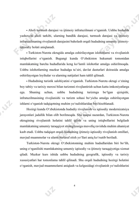 rini belgilash imkoniyati yaratiladi. ushbu tadqiqot natijalari nafaqat ilmiy, balki amaliy jihatdan ham katta ahamiyatga ega bo‘lib, turkiston-nurota okrugini har tomonlama rivojlantirish bo‘yicha tavsiyalar ishlab chiqishga asos bo‘ladi. i bob: turkiston nurota okrugining tashkil topishi va tarixiy asoslari 1.1. nurota okrugining tashkil topish sabablari va davri nurota okrugi – oʻrta osiyo tarixida muhim oʻrin tutgan hududlardan biri boʻlib, uning tashkil topishi va rivojlanish sabablari uzoq tarixiy jarayonlar bilan bogʻliq. bu hududning shakllanishi tabiiy-geografik, iqtisodiy, ijtimoiy va siyosiy omillar ta’sirida amalga oshgan. nurota hududi qadimdan savdo yoʻllari kesishgan joylardan biri sifatida muhim ahamiyatga ega boʻlgan va bu yerda turli davrlarda turli xil davlat tuzilmalari mavjud boʻlgan[footnoteref:1]. [1: nigmatov a.n., shomurotova n.t. ekoturizm asoslari. -t.: turon-iqboli, 2007. 127 b. ] nurotaning tarixiy shakllanishi dastlab markaziy osiyodagi qadimiy davlatlarning siyosiy-iqtisodiy ta’siri ostida boshlangan. ushbu hudud qadimgi davrlardan boshlab, chorvachilik va dehqonchilik bilan shugʻullanadigan aholi tomonidan oʻzlashtirilgan. ayniqsa, nurota togʻ tizmalari va unga yaqin …