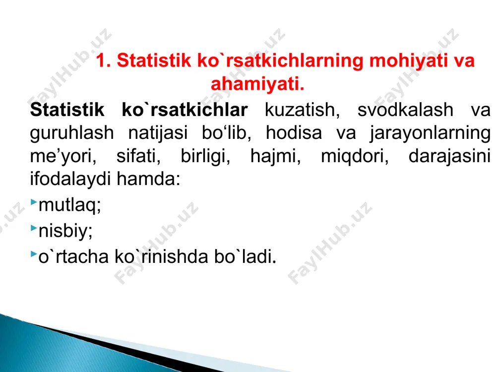 shda 10 va 11 tonnani tashkil qilgan. bu erdan, rtn/m: bazisli yoki zanjirsimon nisbiy miqdorlarni qo`llash tahlil oldida qo`yilgan maqsadga bog’liq. agar faqat bazis davrga nisbatan keyingi davrlar darajasi qancha o`zgarganligini bilmoqchi bo`lsak, u holda bazisli usul, agar har bir keyingi davr o`zidan oldingi davr darajasiga nisbatan qancha o`zgarib borayotganini kuzatmoqchi bo`lsak, u holda zanjirsimon usul qo`llaniladi. 3. dinamika nisbiy miqdori dinamika nisbiy miqdori 2-misol. jondor-plyus xususiy firmasidagi non do’konining tovar oboroti iii-chorakda quyidagicha: iyul - 12,4 mln.so’m, avgust - 13,1, sentyabr – 14,0 mln.so’m. bu erda : 4. tuzilma (struktura) miqdorlari deyilganda to`plamdagi ayrim guruhlarning shu to`plamning umumiy yig’indisiga bo`lgan nisbati tushuniladi. umumiy ko`rinishda bu ko`rsatkich quyidagicha hisoblanadi: – tuzilma nisbiy miqdorlari; n – to`plamdagi ayrim guruhlar (bo`laklar);  n – to`plam yig’indisi. 3-misol. siz o’qiyotgan fakultetda 375 ta talaba mavjud. shulardan 175 tasi qiz bolalar, qolganlari (200) o’g’il bolalar.jami studentlar soni 100 foizni tashkil qiladi. o’g’il va qiz …