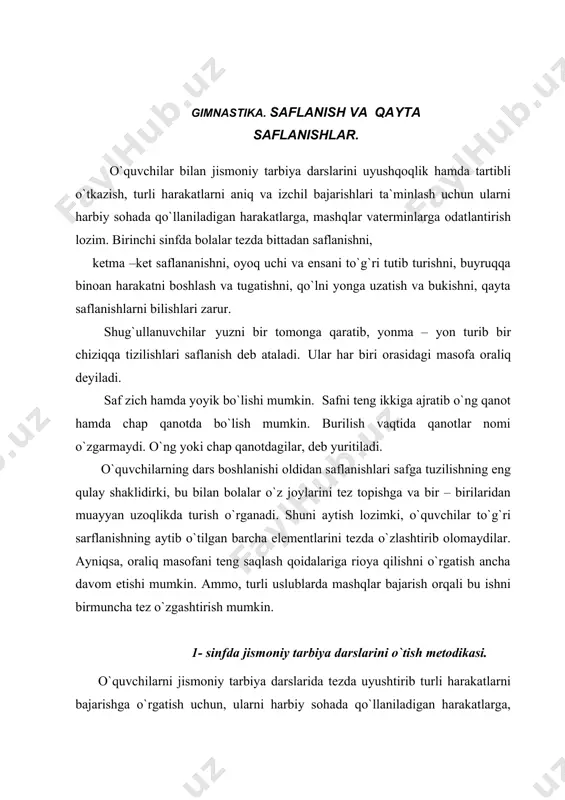 ketma – ket bo`lib turgan saf, qator deb ataladi. qatorda turganalr oralig`idan masofa distansiya deb ataladi. odatda distansiya oldinga uzatilgan qo`l yoki bir qadam uzunligida bo`ladi. qatorning boshoda turgan o`quvchi – yetakchi, oxirida turgan o`quvchi – oxirgi deyiladi. qatorda bir qator, ikki qator, uch qator turish mumkin. safning kengligi deganda, bolalar yonma – yon turgan holatdagi oraliqlar masofa tushinilsa, safning chuquqligi deganda, bolalar ketma – ket turgan holatdan oraliqdagi masofa tushuniladi. o`qishning boshlang`ich davrida saflanish bir joyda o`tkaziladi. o`quvchilarda saflanishga oid malaka va ko`nikmalar hosil bo`lgach, o`qituvchi ularni maydonchaning turli joylarda yordamchi buyumlarsiz saflantirishga, so`ng saflanishni yanada mukammallashtira borib, muayyan vaqt ichida saflantirishga o`tadi. masalan: tez saflanish quyidagicha o`tkaziladi: o`qituvchi o`quvchilarga hozir “ tarqaling ! ”, deb aytadi va bir oz o`tkach, yonma – yon bir qatorda “ saflaning ” buyrug`ini beradi hamda soatga qarab turadi. shundan so`ng, o`quvchilar tezlik bilan saflanadilar va ulrga qancha vaqt ketgani e’lon qilinadi. saflanishni …
