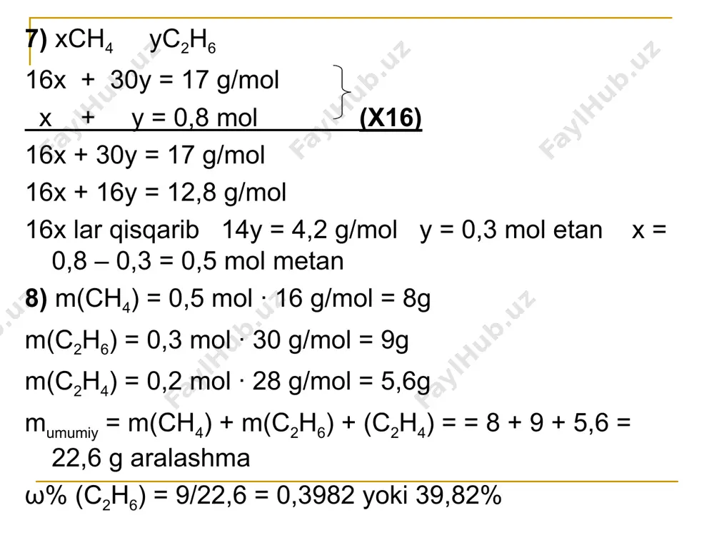 g? 8. noma’lum alken kaliy permanganatning kislotali eritmasida oksidlaganda karbonat angidrid va metilpropilketon hosil qilsa, alkenni toping. 9. buten-2 va metilsiklopropandan iborat 5 litr aralashma va mo’l miqdorda olingan kislorodda portlatilgandan so’ng hosil bo’lgan suv bug’lari kondensatlandi. qolgan gazlar aralashmasi 30 litrni tashkil etsa, reaksiya uchun olingan kislorodni hajmini toping? 10. 25,2g propilenning polimerlanishidan olingan namunada 2,2073·1021 ta makromolekula bor. reaksiyaga kirishmagan propilen 160g 5% li bromli suvni rangsizlantiradi. polipropilenni o’rtacha molekulyar masassini toping.