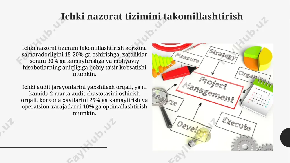 orat samaradorligini yaxshilash mumkin. nazorat choralari va usullarini qo'llash moliyaviy hisobotlarning aniqligi va ishonchliligini ta'minlash maqsadida, ichki audit xizmati yiliga kamida 2 marta, asosiy operatsiyalar bo‘yicha to‘liq tekshiruvlar o‘tkazishi lozim. korrupsiya xavfini kamaytirish uchun, xarajatlarni tasdiqlash jarayonida kamida 2 ta mustaqil vakilning tasdiqlashi talab qilinadi va barcha bitimlar elektron tizim orqali ro'yxatdan o'tkazilishi shart. qonun hujjatlariga rioya etishni ta'minlash qonun hujjatlariga rioya etilishini ta'minlash maqsadida, ichki nazorat tizimi 5 dan ortiq bo'limga ega bo'lgan korxonalarda majburiy hisoblanadi va bu bo'limlar o'zaro bog'liq holda ishlaydi. qonun hujjatlariga rioya etilmasligi holatlarini aniqlash va oldini olish uchun ichki nazorat tizimi, 20 dan ortiq xodimlarni jalb qilgan holda, audit va tekshiruvlarni amalga oshiradi. ichki nazorat tizimining maqsadi ichki nazorat tizimi, qonun hujjatlariga, standartlarga va ichki siyosatlarga rioya qilishni ta'minlash orqali, 2 ta asosiy vazifani bajarish – kompaniyaning obro'sini himoya qilish va jarayonlarning uzluksizligini kafolatlash. ichki nazorat tizimining asosiy maqsadi – moliyaviy hisobotlarning aniqligi va …