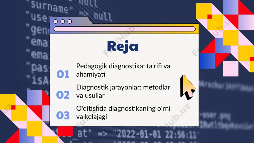 rayonini optimallashtirishga yordam beradi. amaliyotdagi qo'llanilishi pedagogik diagnostika amaliyotda turli usullar orqali qo'llaniladi, masalan, testlar, intervyular, va kuzatishlar. ushbu usullar o'quvchilarning bilim darajasini aniqlash va ularga individual yo'naltirilgan yordam ko'rsatish imkonini beradi. masalan, o'quvchilarning test natijalarini tahlil qilish orqali ularning qaysi mavzularni yaxshi o'zlashtirganini aniqlash mumkin. pedagogik diagnostikaning ta'siri pedagogik diagnostika ta'lim jarayoniga ijobiy ta'sir ko'rsatadi, chunki u o'qituvchilarga o'quvchilarning ehtiyojlarini yaxshiroq tushunishga yordam beradi. bu esa o'qitish strategiyalarini moslashtirish va o'quvchilarning muvaffaqiyatini oshirish imkonini beradi. bunda o'quvchilarning motivatsiyasi va ishtiroki ham oshadi. xulosa va takliflar pedagogik diagnostika ta'limda muhim rol o'ynaydi, chunki u o'quvchilarning individual ehtiyojlarini aniqlash va ta'lim jarayonini yaxshilash imkonini beradi. o'qituvchilar diagnostika natijalaridan foydalanib, o'quvchilarga individual yordam ko'rsatishlari va ta'lim strategiyalarini optimallashtirishlari zarur. bu jarayonni yanada rivojlantirish uchun zamonaviy texnologiyalarni qo'llash tavsiya etiladi. 01 02 03 04 diagnostik jarayonlar nima? diagnostik jarayonlar ta'limda o'qituvchilarga va o'quvchilarga muhim ahamiyatga ega. ular o'qitish jarayonida o'quvchilarning bilim va ko'nikmalarini …