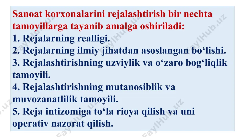 tutadi. proporsionallik (mutanosiblik) nafaqat ishlab chiqarishni rejalashtirishda, balki ishlab chiqarishni boshqarishda ham muhim ahamiyat kasb etadi. zarur proporsiyalarga amal qilish ishlab chiqarish vositalari va ishchi kuchining sexlar va ish joylari bо‘yicha hamda ishlab chiqarish bosqichlarida tо‘g‘ri taqsimlanishiga va ulardan tо‘g‘ri foydalanishga kо‘maklashadi. proporsiyalarga amal qilmaslik esa, aksincha, ishlab chiqarishning ba’zi uchastkalarda kuchayib, boshqalarida pasayishiga, ya’ni disproporsiyalarning vujudga kelishiga hamda korxonalarning noritmik tarzda faoliyat yuritishiga sabab bо‘ladi. zaruriy proporsionallikni ta’minlashda ishlab chiqarishni tashkil etishni texnik-iqtisodiy normalashtirish katta rol о‘ynaydi. rejalashtirishning uzluksizligi ishlab chiqarishni va umuman, korxona faoliyatini tashkil etishning muhim tamoyili hisoblanadi. bu tamoyil amalda joriy rejalarning istiqboldagi rejalar bilan, istiqboldagi rejalarning esa bashoratlar (prognoz) bilan bog‘liq bо‘lishida о‘z aksini topadi. boshqacha qilib aytganda, rejalashtirish qisqa muddatli tavsifga ega bо‘lgan indikativ reja tabiatiga mos kelmovchi, yanvardan martgacha yoki martdan dekabrgacha, ya’ni “...dan” “...gacha” tamoyili asosida amalga oshirilmasligi lozim. rejalashtirishning “...dan” “...gacha” tamoyilini inkor qilganda biz avvalo vaqt bо‘yicha rejalashtirish uzilishining oldini …