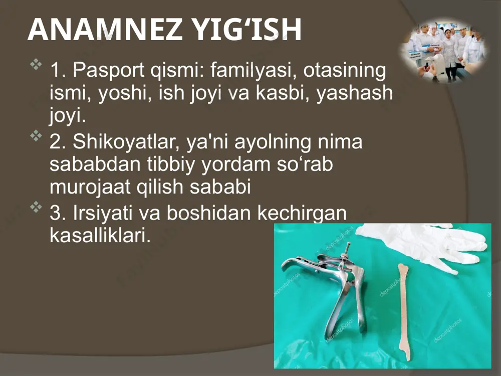 ik holati, harakatchanligi va chanoq o‘qiga munosabati aniklanadi. bachadon paypaslanadi, bunda ikkala barmoq orqa gumbazga kiritiladi, chap qo‘l oldingi qorin devori orqali bachadon tanasi topiladi, uning kattaligi, konsistensiyasi, harakatchanligi, holati, og‘riqliligi aniqlanadi. bachadon ortiqlarini paypaslashda barmoklar yonbosh gumbazlar sohasiga o‘tkaziladi, bunda bachadon ortiqlarining holati, og‘riqliligi va harakatchanligi aniqlanadi. bachadon boylamlari paypaslanadi. qin gumbazlarining holati aniklanadi. qo‘lqoplar yechilib dezinfeksiyalovchi eritmaga tashlanadi. qinni ko‘zgular yordamida tekshirish maqsad: tashki ginekologik tekshiruvi bachadon bo‘yni va qin devori tuzilishi, rangini, ajralmalar va holatini tekshirishga yordam beradi. ko‘rsatma: ginekologik tekshiruvlarda kerakli jihozlar: fantom, kushetka, qin ko‘zgulari , steril qo‘lqop bajarilish bosqichlari:ayolni qovug‘ini bo‘shatib kelishini tavsiya qilamiz, so‘ngra bemordan ginekologik kresloga yotishni so‘raladi. ikkala qo‘lga sterillangan rezina qo‘lkop kiyiladi. o‘ng qo‘lga qin ko‘zgusi olinadi, chap qo‘lning ko‘rsatkich va bosh barmoqlari yordamida jinsiy lablar ochiladi. kuzgu vertikal holatda qinga kiritiladi va sekin asta ichkariga xarakatlantirib gorizontal holatga o‘tkaziladi qinning yuqori devori ko‘tariladi, qin devorlari va bachadon bo‘ynini ko‘riladi. …