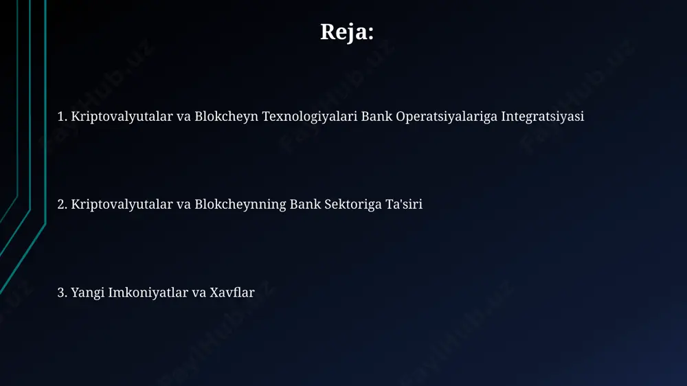 sullarni qo'llab, ma'lumotlarning buzilishidan himoya qilishga yordam beradi, ammo smart-kontraktlarning xavfsizlik zaifliklari hali ham mavjud. kriptovalyutalar orqali to'lovlar va transferlar bitcoin kabi ba'zi kriptovalyutalarning transaksion tezligi sekundiga 7 ta operatsiyadan oshadi, bu esa banklarning an'anaviy to'lov tizimlariga qaraganda ancha yuqori ko'rsatkich hisoblanadi. kriptovalyutalar orqali xalqaro pul o'tkazmalari an'anaviy bank tizimlariga nisbatan 70% gacha arzon va 3-5 kun o'rniga 1-2 soat ichida amalga oshirilishini ta'minlaydi. kriptovalyutalar va regulyatsiya masalalari anti-pul yuvish (aml) va terrorizmni moliyalashtirishga qarshi kurash (cft) qoidalari kontekstida, kriptovalyuta almashinuv platformalarining kyc/aml talablariga rioya qilish darajasi atigi 50% atrofida bo'lib, bu sohada yanada kuchli nazoratni talab qiladi. kriptovalyuta bozorining 2023-yil oxiriga kelib 2 trillion dollarlik kapitalizatsiyaga etishuvi, davlatlarning tartibga solish choralari va qonunchilikni takomillashtirish zarurligini ko'rsatmoqda. kelajakda bank sektorida blokcheyn va kriptovalyutalar rol kriptovalyutalarning keng tarqalishi tufayli banklarning yangi xizmatlar – kripto-saqlash va kripto-to'lovlarni taklif qilishi kutilmoqda, bu esa mijozlar bazasini 10-15% ga oshirishi mumkin. kelajakda banklar 20-30% gacha …