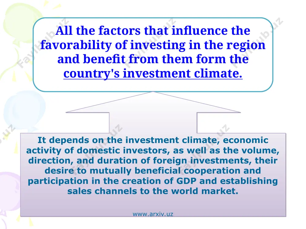 www.arxiv.uz www.arxiv.uz www.arxiv.uz www.arxiv.uz investment conditions - factors that created by the government, public policy, and in a relatively short period can be changed or improved. these include www.arxiv.uz www.arxiv.uz investment risks are the third group of factors and they mean to lose investments by investor and projected gains in the future on occurrence of the risk. there are various types of risks - economic, political, social, informational, environmental, etc. the condition of each investment has its own investment risks, that is, the more favorable for investors group of factors of investment environment, the lower the level of investment risk in the country, and, conversely, the imperfect conditions, the riskier to invest in the region. www.arxiv.uz www.arxiv.uz www.arxiv.uz www.arxiv.uz www.arxiv.uz natural-resources potential workforce potential production potential consumer potential innovation potential financial potential overall economic conditions political conditions conditions of motivations environmental conditions socio-cultural and ethnographic conditions terms of informational support …