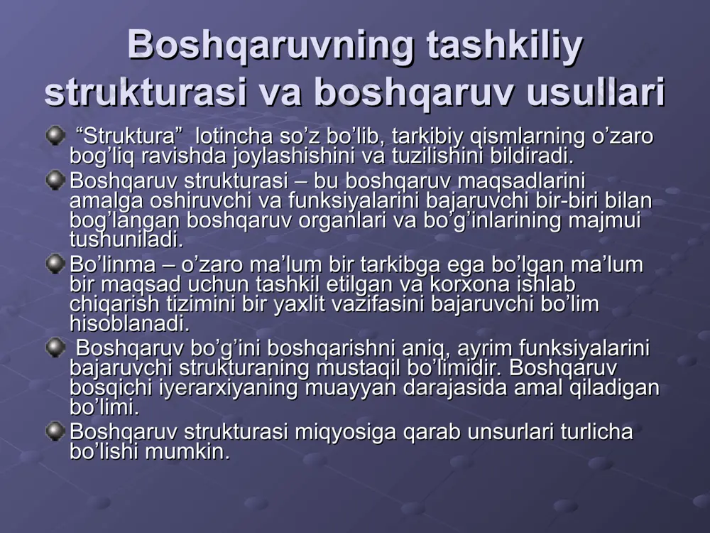 i struktura tugatiladi. loyiha bo’yicha boshqarish muntazam rahbarlikni aniqlashtiradi. kichik bo’limlarga ajratiladi yoki to’ldiriladi. mahsulotga ko’ra boshqaruv bu bozor iqtisodiyoti sharoitida ishlab chiqarilayotgan mahsulot to’liq bozor talabiga javob berishi uchun rahbar qarorlarni mahsulot sotish hajmiga qarab qabul qiladi. 1. yangi mahsulotni yaratish. 2. reklama qilish. 3. bozorni o’rganish. 4. sotish. 5. moliya. 6. ishlab chiqarish. matritsaviy boshqarish tizimi quyidagi afzalliklarga ega: gorizontal aloqalarning davomiyligi qisqaradi. qaror qabul qilish tezlashadi va menejerlarning mas’uliyati yuqori bo’ladi. ishlab chiqarish ichki tashqi sharoitlarga tez moslashadi. bo’ysunish asosida boshqariladi va yakkaboshchilik prinsipi amalga oshiriladi. boshqaruv usullari. boshqarish usullari haqida tushuncha boshqarishni iqtisоdiy usullаri. boshqarishni tashkiliy fаrmоyish usuli. boshqarishni ijtimоiy-psiхоlоgik usullаri. usul – bu tadqiqot qilish, ta’sir ko’rsatish yo’li. boshqaruv usuli – bu xodimlarga va jamoa ishlab chiqarishiga qo’yilgan maqsadlarga erishish uchun ta’sir etish usuli. boshqarishning tashkiliy-ma’muriy usullariga quyidagi funksiyalarni bajarish kiradi: - boshqarish apparatini muayyan strukturasini yaratish; - har bir bo’g’inning funksiyasini belgilash; - buyruqlar, …