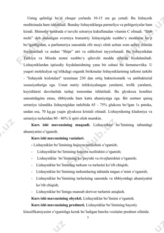 nat natriy infeksiyalangan yaralarni, trofik yaralarni, kuyishlarni davolashda tashqi tomondan ishlatiladi. bu glyukoza konditer sanoatidagina emas, tibbiyotda ham katta ahamiyatga ega. bir sentner quruq setrariya islandika lishaynigidan tarkibida 65 - 75% glukoza bo‘lgan 1s patoka, undan esa, 70 kg.ga yaqin glyukoza kristali olinadi. lishaynikning kladoniya va setrariya turlaridan 80 - 86% li spirt olish mumkin. kurs ishi mavzusining maqsadi. lishayniklar bo’limining tabiatdagi ahamiyatini o’rganish. kurs ishi mavzusining vazialari. - lishayniklar bo’limining hujayra tuzilishini o’rganish; 1. lishayniklar bo’limining hujayra tuzilishini o’rganish; 1. lishayniklar bo’limining ko’payishi va rivojlanishini o’rganish; 1. lishayniklar bo’limining turkum va turlarini ko’rib chiqish; 1. lishayniklar bo’limining turkumlaring tabiatda tutgan o’rnini o’rganish; 1. lishayniklar bo’limining turlarining sanoatda va tibbiyotdagi ahamiyatini ko’rib chiqish; 1. lishayniklar bo’limiga mansub dorivor turlarini aniqlash. kurs ishi mavzusining obyekti. lishayniklar bo’limini o’rganish. kurs ishi mavzusining predmeti. lishayniklar bo’limining hayotiy klassifikatsiyasini o’rganishga kerak bo’ladigan barcha vositalar predmet sifatida. kurs ishining metodi: kuzatish taqqoslash metodlaridan foydalanildi. kurs …