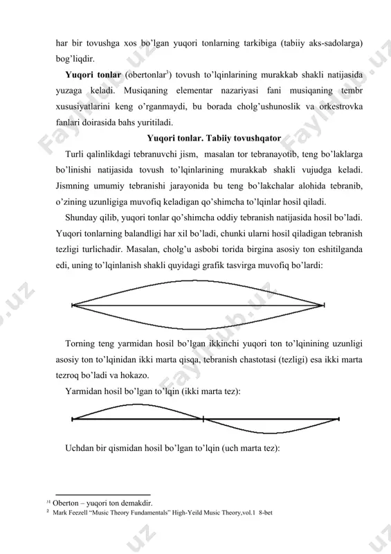 mustaqil nom berilgan: bo’g’in bilan do re mi fa sol la si harfli c d e f g a h asosiy bosqichlarga berilgan ushbu nomlar o’rta asrlarda shakllangan. bu asosiy pog’onalar fortepianoning oq klavishlari tovushlariga mos keladi va ular 52 ta asosiy klavishlardan iborat: harfiy tuzilma tonalliklarni ko’rsatish uchun o’zining soddaligi va qisqaligi tufayli respublikamiz hamda ko’pgina xorij mamlakatlarida keng qo’llaniladi, tovushlarni aks yettirish uchun esa faqatgina ilmiy-musiqiy adabiyotlarda qo’llaniladi. germaniya, buyuk britaniya va gollandiya singari ba’zi yevropa mamlakatlarida esa harfiy tuzilma hozirgi kunda ham asosiy bo’lib hisoblanadi. musiqa tovushqatoridagi yettita asosiy pog’onaning nomi ma’lum bir vaqtda takrorlanib turadi hamda shu yo’l bilan barcha asosiy pog’onalar tovushlarini o’z ichiga qamrab oladi. bu yuqori tomon sanalgan, oq klavishlarda chiqariladigan har bir sakkizinchi tovush birinchi tovushga nisbatan ikki marta tezroq tebranishi natijasida hosil bo’ladi. demak, u birinchi boshlang’ich tovushning ikkinchi yuqori toniga mos keladi va unga hamohang bo’lib eshitiladi. bir xil pog’ona …