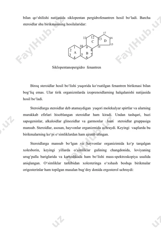 lar va buyrak usti bezining po‘stloq qismida ishlatiladigan gormonlar. steroid gormonlar modda almashinishida, o‘sish va rivojlanish, qarilik, ko‘payish protseslarini tartibga solib turadi. organizmning ish qobilyatiga va sezgi organlarining faoliyatiga tasir etadi. steroid gormonlar steroidlar uglerodi skeletining hosilalaridir masalan: jinsiy bezlar ishlab chiqaradigan jinsiy gormonlardan erkaklar gormonlar – androsteron quyidagicha tuzilgan. ayollar jinsiy gormoni-estron esa androsteran molekulasiga qaraganda kam gidrogenlangan va molekulasida bitta benzol halqasi bor: jinsiy gormonlar. erkaklar va ayollar jinsiy bezlaridan steroid tabiatli 10 dan ortiq gormonlar ishlab chiqadi, ular jinsiy gormonlar deb yuritiladi. ularning bazilari buyrak usti bezi ekstraktidan ham topilgan. bu gormonlar erkakli jinsiy gormonlari–androgenlar (androsteron, degidroandrosteron, testesteron) ayollik jinsiy gormonlari –estrogenlar (estradiol, va boshqalar) va sariq tana gormonlari gruppalariga bo‘linadi. izoprenoidlar. ular o‘simliklar asosida dunyosida keng tarqalgan. bu gruppa mansub bo‘lgan birikmalarning asosi besh uglerodli qoldiqlardan iborat bo‘lib, ulardagi uglerod atomlari xuddi izopren molekulasidagidek joylashgan: o‘simliklardan erkin holdagi izopren olinmagan. biroq ular tarkibida bir qancha shohlangan …