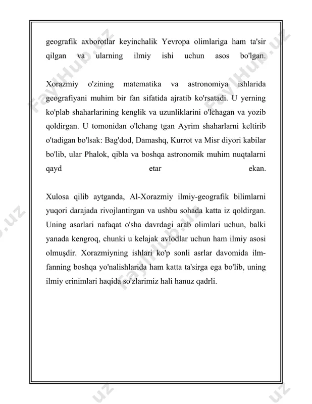 l-beruniy turli manbalar va ma'lumotlarni qiyoslash orqali o‘sha davrda mavjud bo‘lgan qator xato tushunchalarni rad etgan va ularga to‘g‘ri ilmiy asos beradi. u yerning shakli va kattaligi haqida to‘g‘ri xulosalar chiqargan. masalan, zamonaviy ilm-fan olimlari yerning radiusini 6,371 kilometr deb hisoblashadi. al-beruniy ham o'z davrida, oddiy asbob-uskunalar bilan yerning radiusini taxminan 6,339.6 kilometrga qadar aniqroq topgan. bu esa uning mislsiz aniqligi va ilmiy masalalarga bo‘lgan yuksak e'tiborini ko‘rsatadi. al-beruniy o‘zining "hindistonga safar" kitobida qiyosiy geografiya usulidan keng foydalangan. u hind va arab dunyosining ma'naviy qadriyatlari, an’analari va ilmiy bilimlarini solishtirgan. shuningdek, hindiston geografiyasini boshqa mintaqalar bilan qiyoslab, ularning o‘ziga xos xususiyatlarini aniqlagan. bundan tashqari, beruniy astronomiya sohasidagi qator ilmiy tadqiqotlarini geografik masalalar bilan bog‘lab o‘rgangan. masalan, u ekvatordan turli kengliklarda joylashgan joylar orasidagi iqlim va vaqt farqlarini aniqlashda yulduzlar harakatini kuzatgan. bu ilmiy yondashuvlar orqali u qiyosiy geografiyaning muhim tamoyillarini ishlab chiqishga yordam bergan. al-beruniy o‘zi vaqtida eron, iroq va …