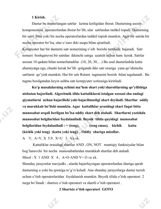 qarab dasturning u yoki bu qismiga to’g’ri keladi. ana shunday jarayotlarga dastur tuzish uchun o’tish operatorlaridan foydalanish mumkin. beysik tilida o’tish operatori 2 turga bo’linadi : shartsiz o’tish operatori va shartli o’tish operatori . 2 shartsiz o’tish operatori goto bu operator boshqaruvni bir satrdan xech qanday shartsiz boshqa satrga o’tkazish uchun xizmat qiladi. operatorning umumiy ko’rinishi quyidagicha : m goto p bu erda m – satr nomeri, goto - operatorining nomi, p - boshqaruv uzatish kerak bo’lgan satr nomeri. misol : 10 inrit 20 prtnt 30. goto 10 bu programmaning bajarilishida kompyuter a, v, s o’zgaruvchilarning kiritilishi qutib turadi. ? 5, 4, 3. exm talabiga muvofik yuqoridagi mos sonlarni kiritib, retirn tugmasini bosamiz. displey ekranida bajarilgan programmaning natijasi chikadi. 6 va boshqaruvni 10 – satrga o’tkaziladi, ya’ni kompyuter a,v,s o’zgaruvchilarning yangi qiymatlarini qutib turadi. iloji boricha programmada goto operatorini kam ishlatish kerak, chunki ko’p ishlatilgan goto programma juda chigallashtirib yuboradi. …