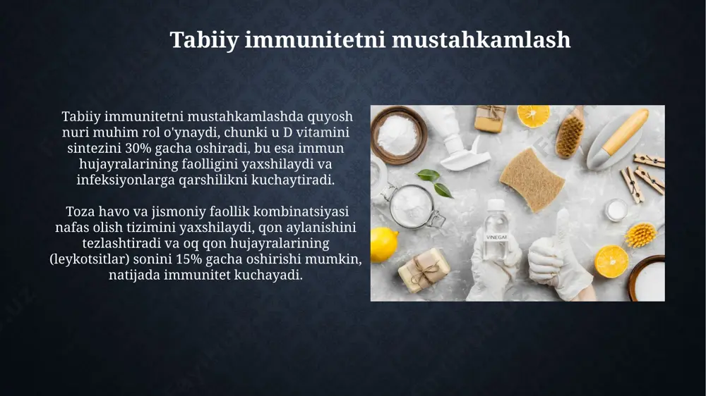 mumiy sog'liqni saqlashga ijobiy ta'sir ko'rsatadi. tuproq va uning taʼsiri yalangoyoq yurish, tuproqdagi elektronlar bilan aloqa qilish orqali erga ulanishni ta'minlaydi, bu esa xronik yallig'lanish va boshqa salbiy sog'liq holatlarini kamaytirishga yordam beradi. tuproq bilan aloqa qilish, stress gormonlari darajasini 30% ga kamaytirishi va endorfinlar – tabiiy og'riq qoldiruvchi va kayfiyatni yaxshilaydigan moddalar ajralishini kuchaytirishi isbotlangan. tabiatning sogʻlomlashtiruvchi kuchlari tabiatning fitontsid xususiyatlari, masalan, qarag'ay o'rmonlaridagi havo 50% gacha bakteriyalarni yo'q qila oladi, bu nafas yo'llari kasalliklarining oldini olishga yordam beradi. toza havo va yashil maydonlarda sayr qilish stress gormonlari darajasini 20% ga kamaytirib, qon bosimini pasaytiradi va yurak-qon tomir salomatligini yaxshilaydi. toʻgʻri dam olish va uyqu yetarlicha uyqu, taxminan 7-8 soat, immunitet tizimini mustahkamlaydi va kasalliklarga chidamliligini oshiradi, shu bilan birga stress gormonlari darajasini pasaytiradi. kundalik tartibga rioya qilish va muntazam jismoniy faoliyat bilan birga, sifatli uyqu miya faoliyatini yaxshilaydi va kognitiv funksiyalarni, jumladan, xotira va konsentratsiyani 15-20% ga oshirishi …