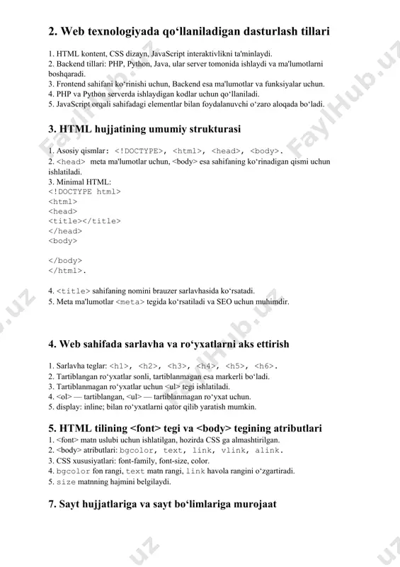 a? 5. va teglarining asosiy atributlari qaysilar? 14. tovushli fayllar 1. htmlda tovushli faylni qo‘yish uchun qaysi teg ishlatiladi? 2. tegidagi autoplay atributi qanday ishlaydi? 3. htmlda tovushli fayllar uchun qaysi formatlardan foydalaniladi? 4. tovushli fayl uchun bir nechta manba kiritishning afzalligi nimada? 5. htmlda foydalanuvchiga tovushli faylni boshqarish imkonini berish uchun qanday atribut qo‘llaniladi? javoblar 2. web texnologiyada qo‘llaniladigan dasturlash tillari 1. html kontent, css dizayn, javascript interaktivlikni ta'minlaydi. 2. backend tillari: php, python, java, ular server tomonida ishlaydi va ma'lumotlarni boshqaradi. 3. frontend sahifani ko‘rinishi uchun, backend esa ma'lumotlar va funksiyalar uchun. 4. php va python serverda ishlaydigan kodlar uchun qo‘llaniladi. 5. javascript orqali sahifadagi elementlar bilan foydalanuvchi o‘zaro aloqada bo‘ladi. 3. html hujjatining umumiy strukturasi 1. asosiy qismlar: , , , . 2. meta ma'lumotlar uchun, esa sahifaning ko‘rinadigan qismi uchun ishlatiladi. 3. minimal html: . 4. sahifaning nomini brauzer sarlavhasida ko‘rsatadi. 5. meta ma'lumotlar tegida ko‘rsatiladi …