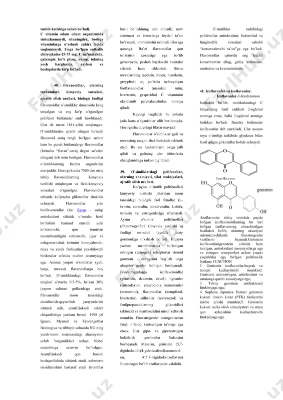 arayonida katta rol o’ynaydi. ular asosida ko’rish jarayonini namoyon etuvchi rodopsin moddasining rotinal qismi hosil bo’ladi. ammo a gipervitaminozi ham xavfli – suyaklarni mo’rtligiga olib keladi. a vitamin kimyoviy jihatdan to’yinmagan halaqali bir atomli birlamchi spirtdir. uning fiziologik faol ikkita vitameri –a1 va a2 ma’lum. a vitaminning tarkibi β-ionon halqa, ikkita izopren qoldiq va birlamchi spirt guruhidan tarkib topgan: 34. e vitamini –tokoferol ko’payish vitamini, u kimyoviy tabiatiga ko’ra uzun yon zanjir tutuvchi halqali spirt bo’lib, odatdagi sharoitda rangsiz, moysimon suyuqlik. organik erituvchilarda yaxshi eriydi, kimyoviy ta’sirlarlarga nisbatan barqaror bo’lsa ham, ultrabinafsha nurlar ta’sirida tez parchalanib ketadi. tabiiy manbalardan e vitamini aktivligiga ega bo’lgan bir necha xil moddalar olingan. shulardan uch xili biologik aktivlikka ega, ular α-, β-, γ-tokoferollar deb ataladi. quyida α-tokoferolning formulasi keltirilgan: formulasitokoferollar xroman hosilasidir: tabiatda uchraydigan tokoferollar ko’p bo’lsa ham α-, β-, γ-tokoferollar (yunoncha tokos-bola tug’ilishi, fero-tashiyman degan ma’noda) biologik ahamiyatga ega hisoblanadi. ularning hammasi ham …