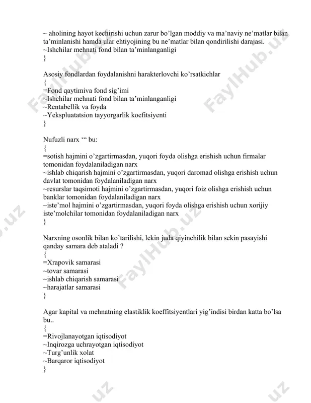 moti hajmini o’�zgartirmasdan, yuqori foiz olishga erishish uchun banklar tomonidan foydalaniladigan narx ~iste’mol hajmini o’�zgartirmasdan, yuqori foyda olishga erishish uchun xorijiy iste’molchilar tomonidan foydalaniladigan narx } narxning osonlik bilan ko’�tarilishi, lekin juda qiyinchilik bilan sekin pasayishi qanday samara deb ataladi ? { =xrapovik samarasi ~tovar samarasi ~ishlab chiqarish samarasi ~harajatlar samarasi } agar kapital va mehnatning elastiklik koeffitsiyentlari yig’�indisi birdan katta bo’�lsa bu.. { =rivojlanayotgan iqtisodiyot ~inqirozga uchrayotgan iqtisodiyot ~turg’�unlik xolat ~barqaror iqtisodiyot } ishlab chiqarishning har bir darajasida doimiy va o’�zgaruvchi harajatlar yig’�indisi qanday harajatlarni tashkil qiladi? { =umumiy harajatlarni ~xususiy harajatlarni ~ob’ektiv harajatlarni ~sub’ektiv harajatlarni } ishchilarning ish haqini tabaqalashtirish qanday tizim yordamida amalga oshiriladi? { =davlat tariff tizimi ~davlat ijtimoiy tizimi ~davlat ish haqi tizimi ~davlat moliya tizimi } quyidagilardan qaysi biri iqtisodiy o’�sishning intensiv omiliga kirmaydi? { =yer, ishlab chiqarish maydonini ko’�paytirish; ~fan-texnika taraqqiyoti yutuqlaridan foydalanish; ~ishchilarning malakasini oshirish; ~mehnat unumdorligini oshirish; } quyidagilardan qaysi birini …