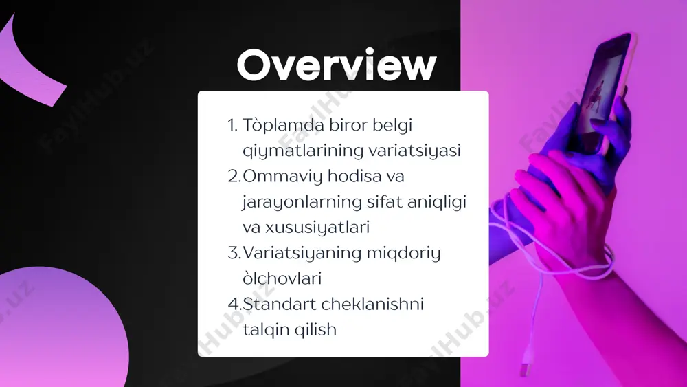 torlar uchun: variatsiya koeffitsienti (v) deganda, o'rtacha kvadratik tafovutning o'rtacha miqdorga nisbati tushuniladi. bu ko'rsatkich foizda ifodalanadi va quyidagi formula bilan aniqlanadi: dispersiyaning asosiy xossalari o'rtacha kvadrat chetlanish bir qancha matematik xossalarga ega, ular uni hisoblashni soddalashtiradi yoki engillashtiradi. 1. agar belgining alohida miqdorlaridan qandaydir bir "a" sonni ayirsak yoki qo'shsak bunda o'rtacha kvadrat chetlanish o'zgarmaydi: 2. agar belgining alohida miqdorlarini qandaydir o'zgarmas "a" songa bo'lsak yoki ko paytirsak, unda o'rtacha kvadrat chetlanish a ga, òrtacha kvadratik chetlanish esa a martaga kamayadi yoki ko'payadi: for watching this presentation thank you statistics image9.svg image1.png image2.png image3.svg image4.png image5.svg image6.png image7.svg image8.png image10.png image18.svg image11.png image12.svg image13.png image14.svg image15.png image16.svg image17.png image19.png image20.svg image21.png image22.svg image23.png image24.png image25.png image26.png image27.svg image28.jpeg image36.png image37.svg image38.jpeg image29.png image30.svg image31.png image32.png image33.svg image34.png image35.svg image39.jpeg image40.png image41.svg image49.png image50.svg image51.png image52.svg image53.png image54.svg image42.jpeg image43.png image44.svg image45.png image46.svg image47.png image48.svg image55.png image56.svg /docprops/thumbnail.jpeg