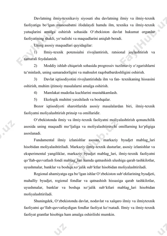ormulalarni tanlash, bu formulalar parametrlarini hamda belgilangan bog‗liqliklarni to‘g‗ri aniqlanganligini baholash kabilar asosiy vazifa hisoblanadi. ekstropolyatsiya hodisalar yoki jarayonlarning kelgusidagi holati qonunlar, nazariyalar yohud tajribasini keng yoyishni taqozo qiladi. ekstropolyatsiya usullarini prognozlanadigan ob‘ektni rivojlantirishning barqaror sharoitida qo‘llash maqsadga muvofiqdir. ozgina vaqt uchun prognozlashda shu narsa ko‘zda tutiladiki, kelgusidagi sharoitlar mavjud konunlar, nazariyalar va tajribalar taalukli bo‘lgan sharoitlardan umuman farq qilmaydi yoki ozgina farq qiladi, ya‘ni bu holda ekstropolyatsiya sistemani rivojlantirishning ilgarigi tendensiyalariga tayanadi. ekstropolyatsiya quyidagi bir nechta metodlari mavjud: funksional va korrelyatsion aloqalar asosidagi ekstropolyatsiya; taqqoslama metodlar yordamidagi ekstropolyatsiya. bularning hammasi to‘ppa-to‘g‗ri ekastropolyatsiya usullaridandir. ular butun davr uchun doimiy bo‘lgan taraqqiyot sur‘atlari va xususiyatlaridan kelib chiqadi hamda ob‘ektni rivojlantirishga ta‘sir qiladigan ko‘p tomonlama aloqalarni hisobga olishga qodir emas. ilgarigi ob‘ektni rivojlantirish dinamikasini aniq aks ettiradigan, aproksimatsiya qiladigan funksiyani belgilash va miqdor jihatdan baholash yo‘li bilan olingan matematik modellar ekstropolyatsiyaning asosini tashkil etadi. 5. iттni rivojlanishining ustuvor yo’nalishlari. ilmiy-texnik taraqqiyot innovatsion …