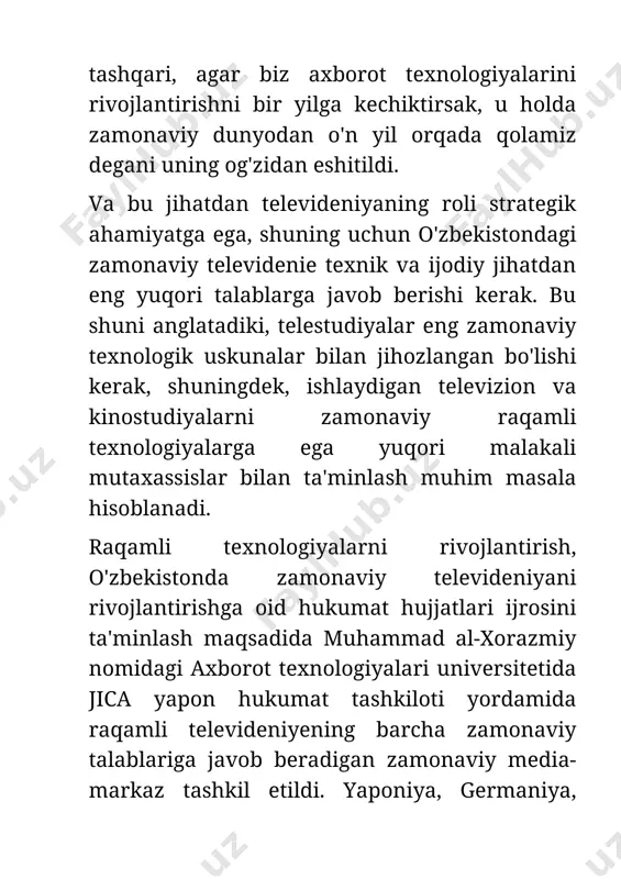 a, germaniya, koreya, rossiya va o'zbekiston mutaxassislari ta'kidlaganidek, ushbu ta'lim media markazi nafaqat o'zbekistonda, balki butun markaziy osiyoda eng yaxshi hisoblanadi. hozirgi vaqtda axborot texnologiyalari boshqalarni, xususan, kinematografiya va televidenie sohalarida to'liq almashtirdi. raqamli texnologiyalar mavjud bo'lmagan yagona texnik qurilma yo'q, hatto ularning ichidagi linzalar ham raqamli qurilmalar tomonidan boshqariladigan turli xil tizimlarga ega, axborot texnologiyalari tufayli katta hajmli plyonkali kameralar ancha yengil va ko'p funktsional holga keltirildi. agar ilgari kinoda hamma narsa ijodiy odamlar, rejissyorlar, operatorlar, muharrirlar, ovoz muhandislari, musiqachilar va aktyorlar tomonidan yaratilgan bo'lsa, bugungi kunda axborot texnologiyalari mutaxassislari ekranda biz ko'rgan narsalarning aksariyatini yaratadilar. 21-asr, axborot texnologiyalari asri. massmedia bu nima ? zamonaviy dunyoni media-texnologiyalarsiz, axborot va informatika olamisiz, inson faoliyati bilan bog'liq bo'lgan barcha narsalarni raqamlashtirishsiz tasavvur qilib bo'lmaydi. va inson hayotidagi ommaviy axborot vositalarining o'rni katta ahamiyatga ega. so'nggi yillarda o'zbekistonda ommaviy axborot vositalarining barcha sohalarini rivojlantirishga katta e'tibor berilmoqda. media nima o'zi? turli xil …
