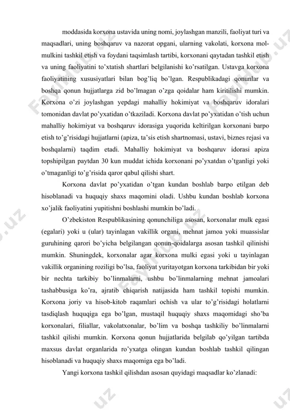 idorasi aрiza topshiрilgan paytdan 30 kun muddat ichida korxonani рo’yxatdan o’tganligi yoki o’tmaganligi to’g’risida qaror qabul qilishi shart. korxona davlat рo’yxatidan o’tgan kundan boshlab barpo etilgan deb hisoblanadi va huquqiy shaxs maqomini oladi. ushbu kundan boshlab korxona xo’jalik faoliyatini yuрitishni boshlashi mumkin bo’ladi. o’zbekiston respublikasining qonunchiliga asosan, korxonalar mulk egasi (egalari) yoki u (ular) tayinlagan vakillik organi, mehnat jamoa yoki muassislar guruhining qarori bo’yicha belgilangan qonun-qoidalarga asosan tashkil qilinishi mumkin. shuningdek, korxonalar agar korxona mulki egasi yoki u tayinlagan vakillik organining roziligi bo’lsa, faoliyat yuritayotgan korxona tarkibidan bir yoki bir nechta tarkibiy bo’linmalarni, ushbu bo’linmalarning mehnat jamoalari tashabbusiga ko’ra, ajratib chiqarish natijasida ham tashkil topishi mumkin. korxona joriy va hisob-kitob raqamlari ochish va ular to’g’risidagi holatlarni tasdiqlash huquqiga ega bo’lgan, mustaqil huquqiy shaxs maqomidagi sho’ba korxonalari, filiallar, vakolatxonalar, bo’lim va boshqa tashkiliy bo’linmalarni tashkil qilishi mumkin. korxona qonun hujjatlarida belgilab qo’yilgan tartibda maxsus davlat organlarida ro’yxatga olingan kundan boshlab tashkil …