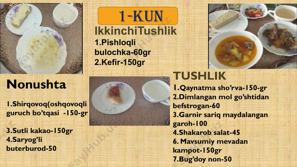 bo’tqa-130gr 2.klassik omlet-50 3.choy-150 4.bug’doy non-40 tushlik 1.borsh-150/12 2.shavla-45 3.shakarob salat-45 4.mavsumiy mevalardan kampot-150 bug’doy non-60 ikkinchi tushlik 1.mayzli keks-60 2.kefir-150 7-kun nonushta 1.maniy yormasidan bo’tqa-150 2.asal choy-150 3.pishloqli buterburod-50 tushlik 1.mampar-150/10 2. go’shtdan tayyorlanadiga-tipratikan tiftel-50 3.garnir qaynatilgan grechka yormasi-100 4.karam bodringb salat-45 5. quruq mevalardan kampot-150 6.bug’doy non-50 ikkinchi tushlik 1.olmali qatlamali pishiriq-75 2.choy-150 8-kun nonushta shirqovoq(oshqovoqli guruch bo’tqasi -150-gr sutli kakao-150gr saryog’li buterburod-50 tushlik 1.qaynatma sho’rva-150-gr 2.dimlangan mol go’shtidan befstrogan-60 3.garnir sariq maydalangan garoh-100 4.shakarob salat-45 5.non-60gr 6. mavsumiy mevadan kampot-150gr ikkinchitushlik 1.pishloqli bulochka-60gr 2.kefir-150gr 9-kun nonushta 1. manniy yormasidan bo’tqa-130gr 2. pishloqli omlet-65 3.sutli choy-150gr bug’doy non-40 tushlik 1.mastava-150/12 2.sabzavot qo’shilgan go’shtli ragu-180-gr 3. karam va bodring salat-45 choy-15-gr bug’doy non -60gr ikkinchi tushlik 1 tvarogli vatrushka-60/25 2.mavsumiy meva-110gr 3.asal choy-150gr 10-kun e’tiboringiz uchun rahmat image1.jpeg image2.png image3.png image4.png image5.png image6.png image7.png image8.png image9.png image10.png image11.png image12.png image13.png image14.png image15.png image16.png image17.png image18.png image19.png image20.png image21.png image22.png …