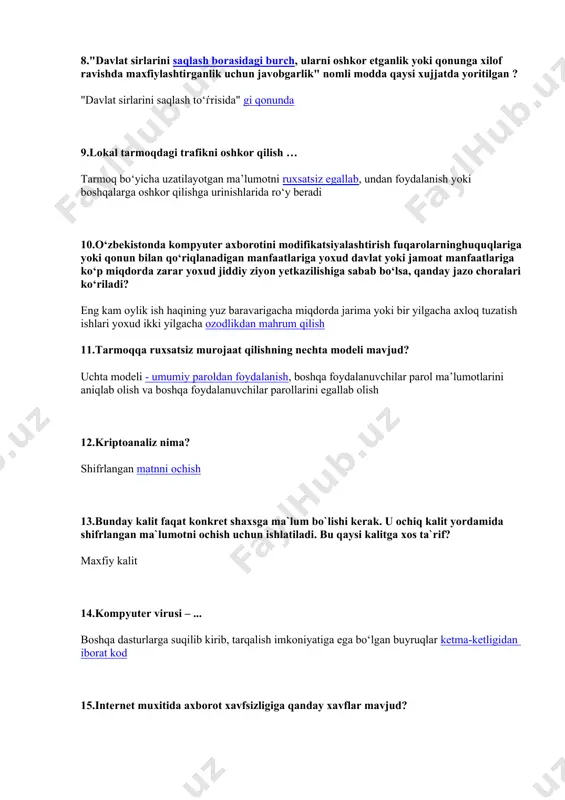 aqining yuz baravarigacha miqdorda jarima yoki bir yilgacha axloq tuzatish ishlari yoxud ikki yilgacha ozodlikdan mahrum qilish 11.tarmoqqa ruxsatsiz murojaat qilishning nechta modeli mavjud? uchta modeli - umumiy paroldan foydalanish, boshqa foydalanuvchilar parol ma’lumotlarini aniqlab olish va boshqa foydalanuvchilar parollarini egallab olish 12.kriptoanaliz nima? shifrlangan matnni ochish 13.bunday kalit faqat konkret shaxsga ma`lum bo`lishi kerak. u ochiq kalit yordamida shifrlangan ma`lumotni ochish uchun ishlatiladi. bu qaysi kalitga xos ta`rif? maxfiy kalit 14.kompyuter virusi – ... boshqa dasturlarga suqilib kirib, tarqalish imkoniyatiga ega bo‘lgan buyruqlar ketma-ketligidan iborat kod 15.intеrnеt muxitida axborot xavfsizligiga qanday xavflar mavjud? axborot o`girlash, axborot mazmunini buzib qo`yish, egasidan ruxsatsiz o`zgartirib qo`yish, tarmoq va sеrvеrlarga o`g`rincha suqulib kirish 16.xavfsizlik xizmatining vazifasi nima? -kompyutеr foydalanuvchisining shaxsini tеkshirish, foydalanuvchining ruxsat etilgan kirishini tеkshirish va ta'minlash, ma'lumotlar butunligi, axborotning pinxonligi -ma'lumotlar butunligini tеkshirish -dasturni tеkshirish va ta'minlash -ma'lumotlar qismlarini tеkshirish 17.axborotlar urushi dеganda nimani tushunasiz? bu nafaqat axborotlar tizimi uchun, balki …