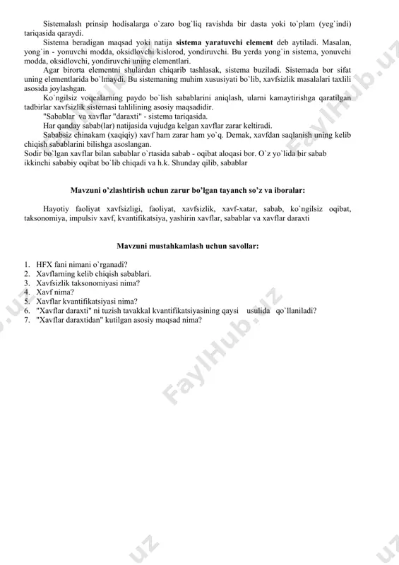 rini aniqlash. 2-qadam xavflarni vujudga keltiradigan qismlarni aniqlash. 3-qadam tahlilni chegaralash, ya'ni tekshirilmaydigan xavflarni chiqarib tashlash. ii. bosqich - xavfli holatlarning ketma-ketligini aniqlash, hodisa va xavflar "daraxtini"(shajarasini) tuzish. iii. bosqich – oqibatlarni tahlil qilish. misol tariqasida 1 - rasmda kran-balka ilgagidan yukning tushib ketish hodisasi sabablarini aniqlash daraxti sxemasi keltirilgan kran-balka ilgagidan yukning tushib ketishi saqlagich qulfining yo`qligi fiksator kuchining yo`qolishi chiqish yoki kirish trosning uzilishi trosning zanglashi (korroziyasi) tehnik nazoratning yo`qligi 2-rasm "xavflar daraxti" ning sxemasi. bu usulda "xavflar daraxti" yuqoridan pastga qarab quriladi hamda sabablarni hisobga olgan taqdirda tamom bo`ladi. xavfsizlikning sistemasi - bu xavfsizlikning murakkab masalalarini xal qilish yo`llarini tayyorlashda va asoslashda foydalaniladigan metodologik choralar yig`indisidir. o`zaro ta'siri bilan aniq bir maqsadga erishtiradigan aloqador qismlar yig`indisi - sistema deb ataladi. qism - (komponent) - deganda birgina moddiy obyektdan tashqari aloqalar va bog`lanishlar ham tushuniladi. har qanday sozlangan mashina texnik sistemasining misoli tariqasida ko`rinishi mumkin. tarkibiga odam ham …