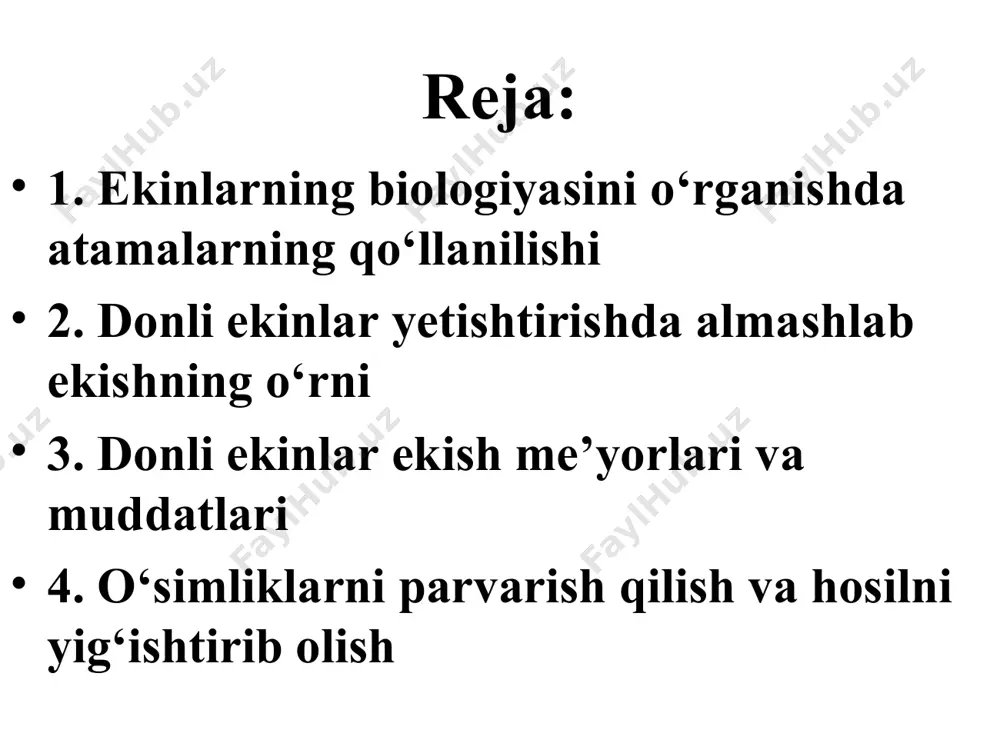 ri (bug‘doy, javdar, arpa, suli) ikkinchi guruh don ekinlari (makkajо‘xori, oqjо‘xori, tariq, sholi) donning qorin tomonidan uzunasiga ketgan chuqur yо‘l bо‘ladi donning qorin tomonidan uzunasiga ketgan chuqur yо‘l bо‘lmaydi doni bir necha murtak ildiz chiqarib unadi doni bitta murtak ildiz chiqarib unadi boshog‘ida pastki gullari rivojlanadi va meva tugadi, yuqoridagila kо‘pincha yetilmay qoladi boshog‘ining yuqori qismida joylashgan gullar rivojlanadi va meva beradi, pastkilari reduksiyalashib ketadi poyasining ichi kovak bо‘ladi tariq va sholidan boshqalari poyasining ichi о‘zak bilan tо‘lgan mо‘tadil iqlim о‘simliklari, issiqqa unchalik talabchan emas issiqqa juda talabchan suvga ancha talabchan suvga uncha talabchan emas, sholidan boshqalari vegetatsiya davrining ikkinchi yarmida suv talab qiladi kuzgi va bahorgi qilib ekiladigan xillari bor faqat bahorgi qilib ekiladigan xillari bor maysa chiqarganda to tuplanish davrigacha jadal rivojlanadi о‘suv davri boshlaridan tuplanish davrigacha sekin rivojlanadi uzun kun о‘simligi qisqa kun о‘simligi morfologik xususiyatlari va yetishtirishdagi yо‘nalishlari bо‘yicha donli ekinlar 4 guruhga bо‘linadi: 1. g‘alladoshlar …