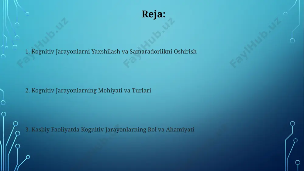 tajribasida tasdiqlanadi. muammoni hal qilishda turli ko'nikmalar (masalan, analitik fikrlash, muammoga yondashishning 5ta usuli va boshqalar)ni qo'llash professional faoliyat samaradorligini 2 barobar oshirishi mumkin, bu toshkentdagi it mutaxassislarining misolida ko'rinadi. o'rganish va professional rivojlanish 2010-yildan buyon o'zbekistonda 500 dan ortiq kompaniya xodimlarining kognitiv qobiliyatlarini rivojlantirishga qaratilgan trening dasturlarini amalga oshirdi, natijada ish unumdorligi 15% ga oshdi. toshkentdagi "innovatsiya markazi" 2022-yilda 300 dan ziyod mutaxassislarga kognitiv psixologiya asoslari va professional rivojlanish bo'yicha sertifikatlashtirilgan kurslar o'tkazdi, natijada 80% ishtirokchilar yangi lavozimlarga ko'tarildilar. stress va kognitiv funksiyalar o'rtacha 50 dan ortiq stress balli bo'lgan shaxslarda, toshkentdagi klinik tadqiqotlar shuni ko'rsatdiki, muammo hal qilish va murakkab vazifalarni bajarish qobiliyati sezilarli darajada, taxminan 40% ga kamayadi. aqshning milliy sog'liqni saqlash institutining ma'lumotlariga ko'ra, surunkali stress kortizol darajasining doimiy oshishiga olib keladi, bu esa gipokampus hajmining 10% gacha kamayishiga va uzoq muddatli xotira buzilishiga olib kelishi mumkin. kognitiv texnologiyalar va professional samaradorlik 2024-yilga kelib, germaniyada kognitiv …