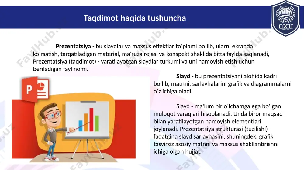 artibda joylashtirish; taqdimotdagi bir slayd bezagini qolgan barcha slaydlarga avtomatik o‘tkazish; taqdimotdagi har bir slaydni alohida ko‘rinishda bezash; taqdimotda multimediali slaydlar yaratish. ms power point dasturi tarixi power point yaratish fikri berkli oliygohi talabasi robert gaskinsda paydo bo‘ladi. 1984-yil gaskins forethought firmasiga qo‘shildi va dennis ostin ismli dasturchini ishga yollaydi. bob va dennis harakatlarini birlashtirishadi va presenter dasturini yaratishadi. dennis dasturning original versiyasini tom rudkin bilan yaratadi. keyinchalik robert gaskins dastur nomini power point deb o‘zgartirishga qaror qiladi ms power point dasturi 1987-yil power point 1.0 apple macintosh tizimi uchun namoyish etiladi. u oqqora formatda ishlagan. keyinchalik macintoshning rangli ko‘rinishlari paydo bo‘lgan va dasturning ham rangli versiyasi yaratilgan. powerpointning ilk versiyalarida dastur tarkibiga ko‘k jildli kitob shaklidagi yo‘riqnoma kiritilgan, ammo bu biroz qimmatga tushishi munosabati bilan forethought elektron yo‘riqnomaga o‘tishga qaror qiladi. 1987-yil forethought va power point microsoft tomonidan $ 14 mln.ga sotib olinadi. 1990-yil microsoft office paketi to‘plamidagi windows …