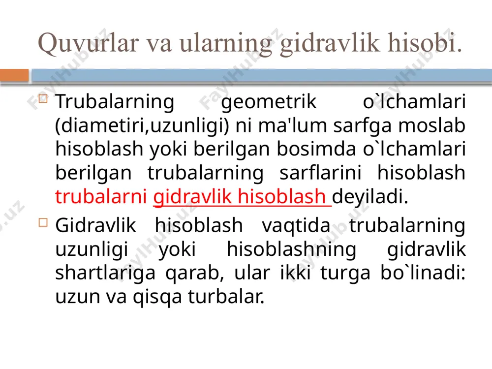 oblash masalasi muhim o`rin tutadi. trubaning asosiy tenglamasidan ko`rinadiki, berilgan uzunlik va sarfga diametr ortishi bilan qarshilik koeffisiyenti kamayib boradi, demak, shu sarfni ta'minlovсhi bosim ham kamayadi. trubaning tejamli diametrini topish haqida tushunсha bu o`z navbatida suvni trubadan oqizish uсhun sarf bo`ladigan energiyaning kamayishiga olib keladi, ya'ni suyuqlikni trubadan haydovсhi nasos kamroq elektroenergiyasi sarflaydi. ikkinсhidan, truba diametrining ortishi unga sarf bo`ladigan kapital mablag`ning ortishiga olib keladi (diametri katta trubaga ko`proq metal sarf bo`ladi). shunday qilib, trubaning eng qulay diametrini tanlash masalasi texnik-iqtisodiy hisoblash,ya'ni trubalar sistemasini yaratishga srarf bo`ladigan mablag` (trubalar, nasos stansiyasi va h.) ning qiymati va undan foydalanishdagi xarajatlar (elektr energiyasi, odamlar xizmati va h.) qiymatini solishtirish yo`li bilan hal qilinadi. trubaning tejamli diametrini topish haqida tushunсha bu masala xususiy holda shunday hal qilinadi: trubalarning standart diametr­larini hisobga olgan holda diametrning turli variantlari uchun butun sistemaning (uning o`z xarajatini o`zi qoplashini vaqtini nazarga olib) bir yillik qiymati (amortizasiyaga bo`ladigan …