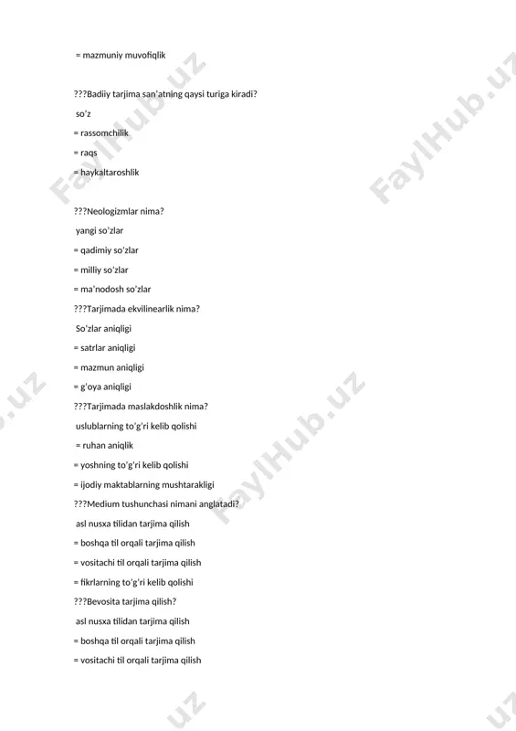 chabegim ?bobur ruboiylarida ko`zga yaqqol tashlanidagan xususiyatni belgilang. hasbu hol =hayotdan zavqlanish =o`z faoliyatidan qoniqish =ma`rifatparvarlik ?xoja asarlari to`g`ri sanalgan javobni toping «gulzor», «miftohul-adl» =«guliston», «bo`ston» =«gulzor», «bahoriston» =«miftohul-adl», «bo`ston» ???«na qildim sanga man, yorim, jamolingdan judo qilding, boshimda dardi g`amni chun charog`i osiyo qilding» matla`li mashhur g`azal muallifi kim? huvaydo =bobur =mashrab =navoiy ?gulxaniyning «zarbulmasal» asarida boyo`g`lining qiziga kim sovchi bo`lib boradi? hudhud =burgut =humo =qarchig`ay ?boborahim mashrab maktabga borganida nima uchun «alif» harfidan nariga o`tmaydi va «be» demaydi? mashrab «alif»ning birligida ollohning yakkayu yagonaligini ko`radi =mashrab «alif» deganda vahdatul-vujud g`oyasini tushunadi =«be» deyish mashrabga ollohga shirk keltirish bo`lib tuyuladi =mashrab ”alif” deganda ollohning barcha sifatlarini nazarda tutadi ?“toshbaqa bilan chayon”, “tuya bilan bo`taloq” kimning qaysi asarida uchraydi? gulxaniy “zarbulmasal” =mahmud qoshg`ariy “devonu lug`otit turk” =yusuf xos hojib “qutadg`u bilig” =ahmad yugnakiy “hibat ul-haqoyiq” ???«to`rt kungacha tilim tutildi, og`zimga paxta bila suv tomizurlar erdi». gapning muallifi qaysi javobda ko`rsatilgan? …