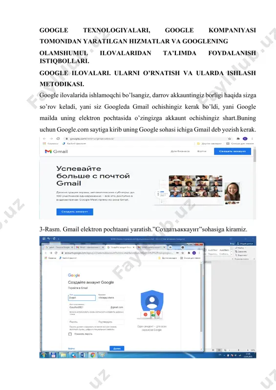 google bilan shartnoma sifatidagi sohani o’qiladi va uning tog’risiga qushcha belgisi kiritiladi. 9 rasm. konfidentsiallik shartlari va qo’llashning shartlari.google servisidan foydalanib, biz unga o’z axborotimizni ishonamiz, bu bizning hafsiz ishlashimiz uchun amalga oshiriladi hamda biz o’zimizning berilganlarimizni boshqara olamiz. 10 rasm. shartlarni qabul qilish.shunday qilib “принимаю” bo’lim bosiladi. endi akkauntni ochgandan so’ng google diskni ochishga kirishamiz. 11-rasm. kontentga oddiy va hafsiz o’tish. gogle.comdan google disk yozuvini yozib, «создатьдиск» bo’limini bosamiz. akkauntimizni kiritamiz. 12-rasm. akkauntni uchirish, o’zgartirish.bu sohada akkuntni uchirish, himoya qilish, o’zgartirih mumkin. foydalanuvchi akkauntini himoya qilib olishi mumkin. googlediskda ”мой диск, “доступно как ””недавние”,”помеченные” bo’limlarimavjud. «недавние» bo’limida yaqindayozilgan hujjatlarni kiritamiz. 13-rasm. google diskda ishlash, uning ko’rinishi. “доступныемне ” sohasidan diskda mavjud hujjatlar va taqdimotlarni, electron jadvallarni, rasmlarni ko’rish mumkin bo’ladi.undan tashqari pdf kengaytmali va boshq ahujjatlarni ham bu yerda saqlash mumkin bo’ladi. 14 rasm. google diskda ishlash. google diskni yaratib bo’lib, uning ichida “”создать», «недавние», «доступнокак», «помеченные», «корзина" bo’limlarini …