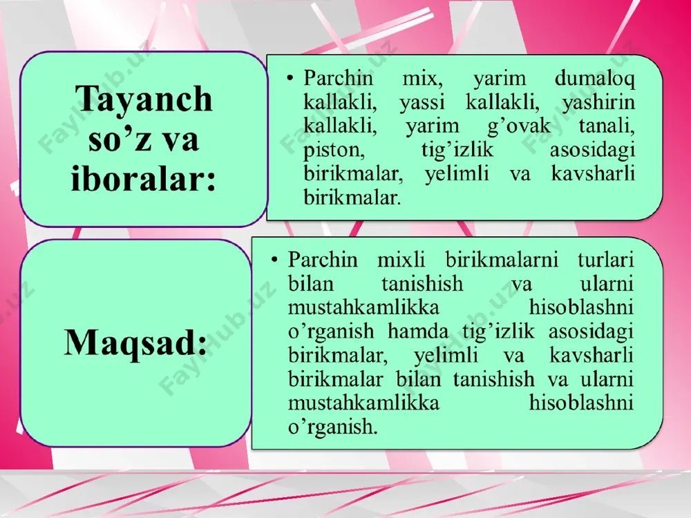 allarni cho‘zilishga hisoblash tarhi bitta parchin mixga keltirilgan ruxsat etiladigan yuklanish: bu yerda: dp -parchin mix diametri; [τ]k -parchin mixni qirquvchi shartli kuchlanish; i -qirqilishlar soni. markazdan ta’sir qiluvchi yuklanish ғ da parchin mixlar soni z =f/f1 nisbati bo’yicha aniqlanadi. bir qirqimli yoki ko’p qirqimli mustahkam birikmada parchin mixlar ezilishga quyidagi munosabat bo’yicha tekshiriladi: ғ1 ≤ [σ]ez ·δ·d biriktirilayotgan detallarning cho’zilishga mustahkamlik sharti po’lat detallarni po’lat parchin mixlar bilan biriktirishda kuyidagi ruxsat etilgan kuchlanishlar qabul qilinadi: parchin mixlarni qirqilishga [τ]k =140 mpa; parchin mixlarni ezilishga [σ]ez =280...32 mpa; detallarni cho’zilishga [σ]ch = 160 mpa. sovuqlayin parchinlashda va detallarda qo’shimcha teshiklar yoki ochilmagan teshiklar bo’lgan hollarda ruxsat etilgan kuchlanishlar 30% ga kamaytiriladi. tig’izlik asosidagi birikmalar sirtlari silindrik bo’lgan ikki detalni boltlar, shponkalarni qo’llamasdan tig’izlik - o’zaro manfiy tirqish hisobiga yetarli darajada mahkam biriktirish mumkin. bu usuldan, ko’pincha, dumalash podshipniklarini valga o’rnatishda va shunga o’xshash boshqa hollarda foydalaniladi. buning uchun valning diametri …