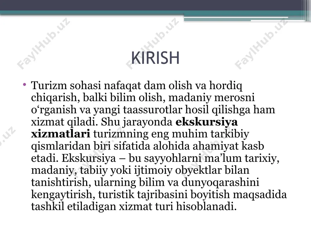 i mahalliy xalqning urf-odatlari, diniy qadriyatlari, milliy san’ati bilan yaqindan tanishadi. bu esa ularda tolerantlik, hurmat, madaniyatlararo muloqot ko‘nikmalarini shakllantiradi. turizm tizimida ekskursiya xizmatlari mamlakatning xalqaro obro‘sini oshirishda ham katta rol o‘ynaydi. agar ekskursiyalar sifatli tashkil etilsa, gid-ekskursovodlar malakali bo‘lsa, turistlarda ijobiy taassurot uyg‘onadi va ular nafaqat qayta tashrif buyuradi, balki boshqalarga ham tavsiya qiladi. shu bilan birga, ekskursiyalar turistlarning sarflagan mablag‘larini ko‘paytiradi: ular qo‘shimcha xizmatlardan foydalanadi, esdalik sovg‘alari xarid qiladi, mahalliy xizmat ko‘rsatuvchi korxonalar faoliyatini qo‘llab-quvvatlaydi. bu esa turizmning iqtisodiy samaradorligini yanada oshiradi. ekskursiya xizmatlarining turlari va ularning xususiyatlari ekskursiya xizmatlari turizm tizimida keng ko‘lamli faoliyatni o‘z ichiga oladi va ular mazmuni, davomiyligi, shakli, auditoriyasi hamda o‘tkazilish joyiga qarab turlicha tasniflanadi. eng avvalo, ekskursiyalar mazmuniga qarab turlarga bo‘linadi. masalan, tarixiy ekskursiyalar qadimiy shaharlar, arxeologik yodgorliklar va tarixiy obidalarni qamrab olib, turistlarga ma’lum davr voqealari haqida ma’lumot beradi. madaniy-ma’naviy ekskursiyalar teatr, muzey, galereya yoki me’moriy inshootlarga qaratilib, milliy madaniyatni o‘rganishga …