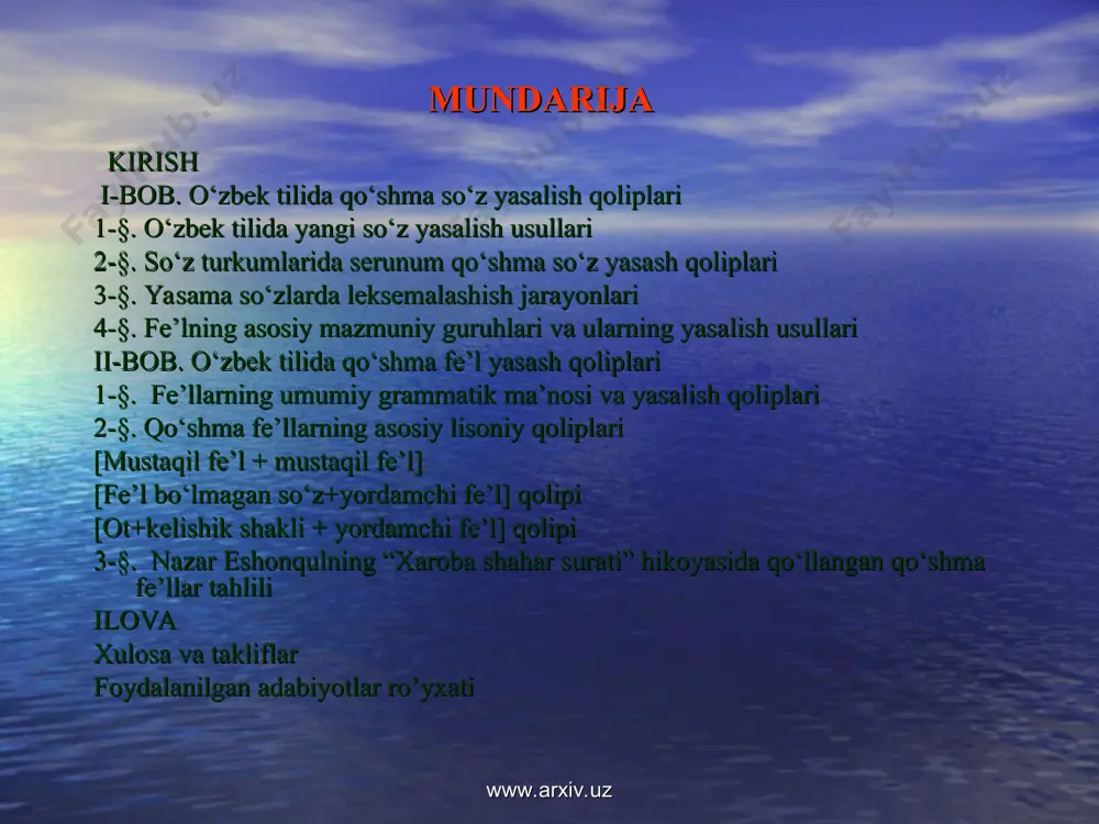 i o‘rganish; o‘zbek tilida qo‘shma fe’l yasash qoliplarini ajratish; [mustaqil fe’l + mustaqil fe’l] qolipi hosilalari tahlili; [fe’l bo‘lmagan so‘z+yordamchi fe’l] qolipi hosilalari tahlili; [ot+kelishik shakli + yordamchi fe’l] qolipi hosilalari tahlili; [ot+kelishik shakli + yordamchi fe’l] qolipi hosilalarining qo‘shma fe’l ekanligini asoslash; www.arxiv.uz www.arxiv.uz bmining ilmiy yangiligi malakaviy ishning ilmiy yangiligi hozirga qadar biror birikuvga aniq nisbat berilmagan mazkur fe’llarning qo‘shma fe’l yasalishining uchinchi qolipi [ot+beligili yoki belgisiz tushum, jo‘nalish kelishigi shakli + yordamchi fe’l] hosilasi ekanligini asoslab berishidir. www.arxiv.uz www.arxiv.uz tadqiqotning ilmiy va amaliy ahamiyati. bmidagi materiallardan o‘rta maktab, akdemik litsey, kasb-hunar kolleji va oliy o‘quv yurtlari uchun yaratilgan dastur va darsliklardagi mavzuga aloqador fikrlarni qiyosiy o‘rganib bir tizimga yig‘ishda, chalkashliklarni bartaraf etishda keng foydalanish mumkin. undan oliy ta‘lim tizimida o’zbek filologiyasi yo’nalishida tahsil olayotgan talabalarga «hozirgi o’zbek adabiy tili» fanining qo‘shma gap sintaksisi bo‘limini o’qitishda, «o’zbek tili o’qitish metodikasi» fanini o’qitishda keng foydalanish mumkin; shuningdek, o’zbek filologiyasi …