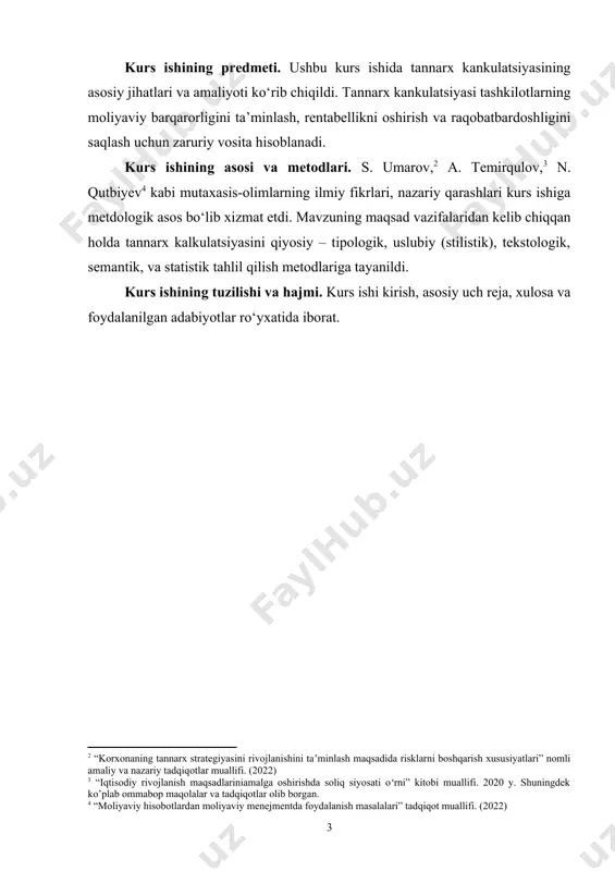 ntlari — chetdan olinadigan xom ashyo asosiy materiallar, elektr energiya resurelari chiqimlari; asosiy va kushimcha ish haqi; ijtimoiy sugʻurta ajratmalari; amortizatsiya ajratmalari va boshqa sarfxarajatlar tushuniladi. tannarxga yuqorida sanab oʻtilgan bevosita ishlab chiqarish jarayonlari bilan bogʻliq xarajatlardan tashqari noishlab chiqarish chiqimlari: idishlarga, mahsulotlarni oʻrash, joylash va joʻnatishga qaratilgan xarajatlar; mahsulotni sotish bilan bogʻliq chiqimlar; ilmiy tadqiqot va tajribakonstruktorlik ishlari, reklama va boshqa ishlar uchun sarflanadigan xarajatlar ham kiradi. narxlar uzgarmagan hollarda mahsulot tannarxini kamaytirishga erishish korxona uchun qoʻshimcha foyda manbaiga aylanadi. qoʻshimcha foyda esa mahsulotni sotishdan olingan tushumdan korxonaning mahsulotni ishlab chiqarish va sotish uchun sarflagan xarajatlari summasi ayirmasiga tengdir.[footnoteref:5] [5: pardayev m.q., isroilov j.i., isroilov b.i. iqtisodiy tahlil. o‘quv qo‘llanma. t.:print line group, 2017.-533 b.] ishlab chiqarish xarajatlarini hisobga olish va mahsulot (ish, xizmat)ning tannarxini hisoblashning buyurtma usulini joriy qilish hisoblash jarayoni yanada mukammallashuviga xizmat qiladi. ushbu usulni joriy qilishning asosiy sharti - tegishli buyurtmaga asosan bitta alohida olingan …