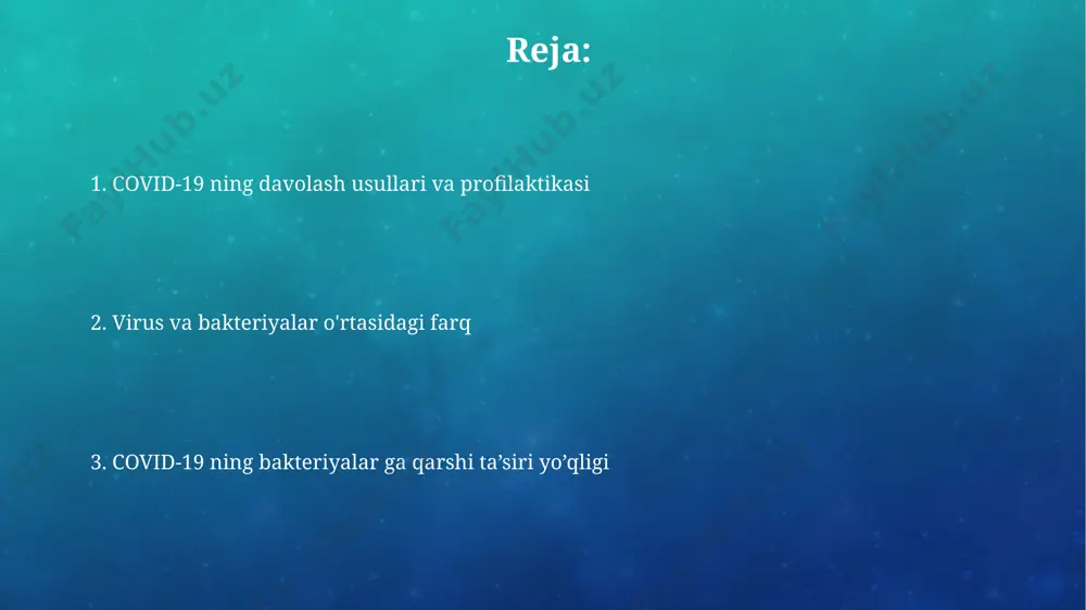 avfini 80% ga kamaytirishi mumkin. to'g'ri qo'l gigienasi, ya'ni kuniga kamida 20 soniya davomida sovun bilan qo'llarni yuvish, virusning tarqalishini sezilarli darajada kamaytiradi. xulosa va tavsiyalar вирусга чалиниш хавфини камайтириш учун ҳар куни камида 15 дақиқа физик машқлар билан шуғулланиш ва иммунитетни мустаҳкамловчи озиқ-овқат маҳсулотларини истеъмол қилиш тавсия этилади. бу касалликка чалиниш эҳтимолини 30% гача камайтириши мумкин. covid-19 вируси бактерияларга қарши эмаслигини ҳисобга олиб, антибиотикларни беҳуда истеъмол қилмаслик ва вирусга қарши самарали чоралар кўриш, яъни 2-3 марта ювиш ва дезинфекция қилиш керак. covid-19 ning sababchi agenti – sars-cov-2 virusi sars-cov-2 virusi, diametri taxminan 80-120 nanometr boʻlgan, oʻziga xos tojsimon oʻsimtalarga ega boʻlib, hujayralarga birikish va yuqtirish qobiliyatini taʼminlaydi. virusning rns genomida taxminan 30 000 nukleotid mavjud boʻlib, bu uning mutatsiyaga uchrash ehtimolini va yangi variantlarning paydo boʻlishini belgilaydi. covid-19 ning yuqumli yo'llari yuqadigan sirtlarga, masalan, eshik tutqichlari, stol yuzalari va boshqalarga tegib, keyin ko'z, burun yoki og'izga tegizish orqali ham …