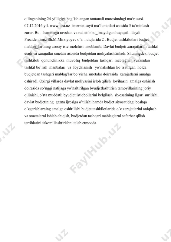 ragiga kiritilib, ularga tegishli respublika budjeti, qoraqalpog`iston respublikasi budjeti, mahalliy budjetlar, davlat maqsadli jamgarmalari daromadlarida aks ettiriladi. budjet tashkilotlarining budjetdan tashqari mablaglari yagona gazna hisobvaragiga kiritilib, ular mazkur tashkilotlarning daromadlarida aks ettiriladi. davlat budjetiga chet el valyutasida to’lanadigan soliqlar, yig‗imlar va majburiy to’lovlar, shuningdek budjet tashkilotlarining chet el valyutasida tushadigan budjetdan tashqari mablaglari gaznachilikning bankdagi valyuta hisob varaqlariga kiritiladi. budjetni gazna ijrosiga o’tilishi budjet mablaglari bilan birga budjetdan mablag oluvchi tashkilotlarning budjetdan tashqari mablaglari ham to‗laligicha gazna ijrosiga qamrab olindi. davlat budjeti ijrosining gaznachilik tizimi joriy qilinib, bujet daromadlari va xarajatlarining ijrosi kassa usulida amalga oshirilishi mablag‗larni samarali va maqsadli sarflash hamda nazorat qilish imkoniyatini bermoqda. budjet tashkilotlari xarajatlarining to’lovi gaznachilik orqali amalga oshirilib, budjet mablag’larini ortiqcha band qilmaslikni ta‘minlamoqda. islohotlarni amalga oshirish davomida budjet tashkilotlarining budjetdan tashqari mablag‗lari ham gaznachilikka qamrab olinib uning kassa ijrosi ham gaznachilik tomonidan amalga oshirilmoqda. budjet tashkilotlarining budjetdan tashqari mablaglarining tashkilot shaxsiy hisobraqamiga kelib …