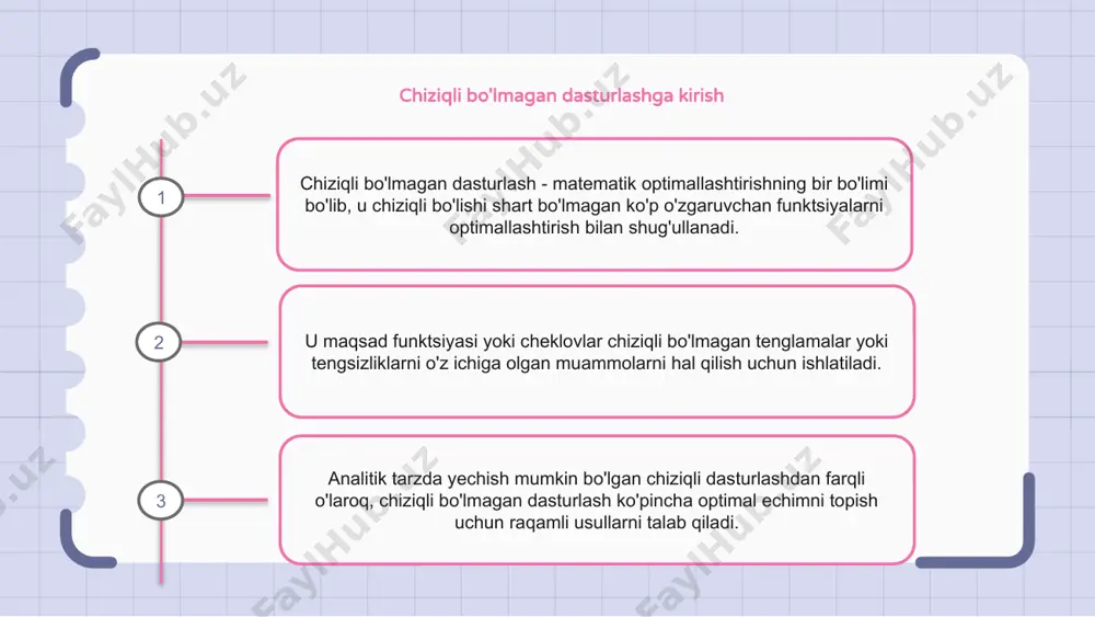 g bir turi. chiziqli bo'lmagan dasturlashda cheklovlar tengsizlik yoki tenglik bo'lishi mumkin va ular qaror o'zgaruvchilari qabul qilishi mumkin bo'lgan qiymatlarni cheklaydi. ushbu cheklovlar murakkablikni keltirib chiqarishi va optimal echimni topishni qiyinlashtirishi mumkin, bu esa maxsus algoritm va usullardan foydalanishni talab qiladi. chiziqli bo'lmagan dasturlashda optimallashtirish usullari chiziqli bo'lmagan dasturlash - bu maqsad yoki cheklovlar chiziqli funktsiyalar bo'lmagan optimallashtirish muammolarini hal qilish uchun ishlatiladigan usul. chiziqli bo'lmagan dasturlashda optimallashtirish usullari berilgan cheklovlarni qondirgan holda maqsad funktsiyasini minimallashtiradigan yoki maksimal darajaga tushiradigan qiymatlarni takroriy izlash orqali optimal echimni topishga qaratilgan. ushbu usullar nyuton usuli va eng keskin tushish kabi gradientga asoslangan usullarni, shuningdek, genetik algoritmlar va simulyatsiya qilingan tavlanish kabi evristik algoritmlarni o'z ichiga oladi. chiziqli bo'lmagan dasturlashning qo'llanilishi chiziqli bo'lmagan dasturlash muhandislik dizayni, moliya, logistika va operatsion tadqiqotlar kabi keng ko'lamli dasturlarda qo'llanilishi mumkin. muhandislik dizaynida chiziqli bo'lmagan dasturlash xarajatlarni minimallashtirish bilan birga, muayyan ishlash mezonlariga javob beradigan strukturaning shakli …