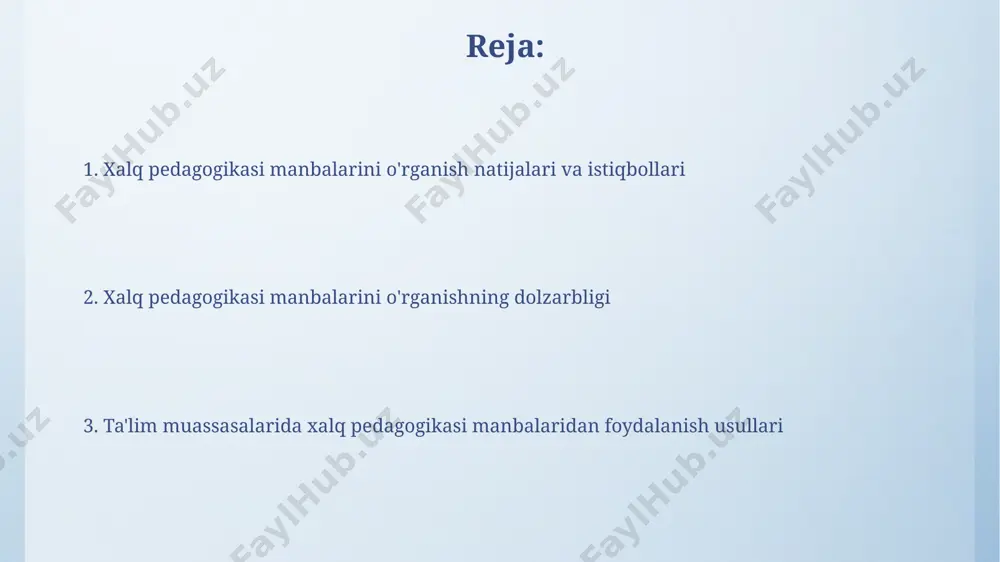 to‘plami bo‘lib, ular bolalar tarbiyasi va o‘quv jarayonida qo‘llanilgan didaktik vositalar sifatida qaralishi mumkin. andijon viloyati arxivlarida saqlanayotgan 18-19-asrlarga oid qo‘lyozma kitoblar, o‘sha davr maktablarida qo‘llanilgan o‘quv uslublari va pedagogik g‘oyalar haqida muhim ma’lumotlar beradi, ularni xalq pedagogikasi manbalari sifatida o‘rganish mumkin. ta'lim muassasalarida xalq pedagogikasi manbalaridan foydalanish samarqanddagi 15 ta maktabda o'tkazilgan tadqiqotlar shuni ko'rsatdiki, xalq maqollari va topishmoqlaridan foydalanish o'quvchilarning lug'at boyligini 20% ga oshirgan. toshkent shahridagi pedagogika universitetida olib borilgan 2 yillik tadqiqot, xalq hikoyalari va ertaklaridan foydalanishning o'quvchilarning muloqot qobiliyatiga ijobiy ta'sirini (taxminan 15 ball) tasdiqladi. xalq pedagogikasi manbalarining zamonaviy ta'limga tatbiqi zamonaviy ta'limda xalq pedagogikasi manbalaridan, xususan, 10 ga yaqin an'anaviy o'yinlarni integratsiyasi, o'quv jarayonini qiziqarli va samarali qilishga yordam beradi. xalq pedagogikasi manbalarining, masalan, 500 yildan ortiq tarixga ega buxoro madrasalari tajribasini o'rganish, zamonaviy ta'lim muassasalarida innovatsion pedagogik uslublarni shakllantirishga yordam beradi. xalq pedagogikasi va milliy g'oyalar samarqanddagi tarixiy manbalarni tahlil qilish, xalq pedagogikasining …
