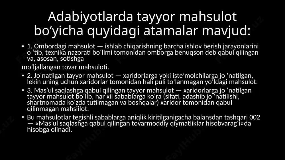 kil etiladi. tayyor mahsulot (ish, xizmat)larni sotishning hisobi mahsulot (ish, xizmat)ning sotilishi korxona mablag‘lari aylanishining yakunlovchi jarayonidir. bu jarayon korxona tomonidan ishlab chiqarilgan mahsulot (ish, xizmat)ning xalq xo‘jaligi iste’molida o ‘z o ‘rnini topganligini anglatadi. sotish muomalalarining dastlabki hisobi xaridor va buyurtmachilar bilan tuziladigan shartnomadan boshlanadi. shartnomada mahsulot (ish, xizmat) turi, muddati, sifati, jo ‘natish (bajarish) vaqti, bahosi, hisob-kitob shakli, ular bajarilmaganda to ‘lanadigan jarimalar va boshqa shartlar ko‘rsatiladi. bunda, ya’ni ular analitik hisobini tashkil etishda korxonani boshqarish nuqtayi nazaridan kelib chiqib sotish yo‘nalishlari, mintaqalar bo‘yicha sotilishi ham hisobga olinishi mumkin. mahsulot (ish, xizmat)lami sotish bilan bog‘liq muomalalarning hisobi quyidagi hisobvaraqlarda olib boriladi: 9010 - tayyor mahsulotlami sotishdan daromadlar; 9020 — tovarlarni sotishdan daromadlar; 9030 — ishlar bajarish va xizmatlar ko‘rsatishdan daromadlar; 9040 — sotilgan tovarlarning qaytishi; 9050 — xaridorlar va buyurtmachilarga berilgan chegirmalar. 9010, 9020, 9030 hisobvaraqlaming kredit tomonida 4010, 5010, 5020, 6610 va boshqa hisobvaraqlaming debetlanishi bilan korxonaning …